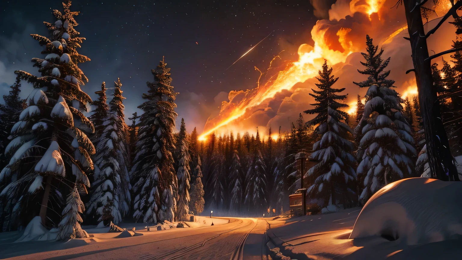 Dramatic lighting, chiaroscuro, fiery meteorites falling from the sky, dense forest under snow, trees on fire, daytime