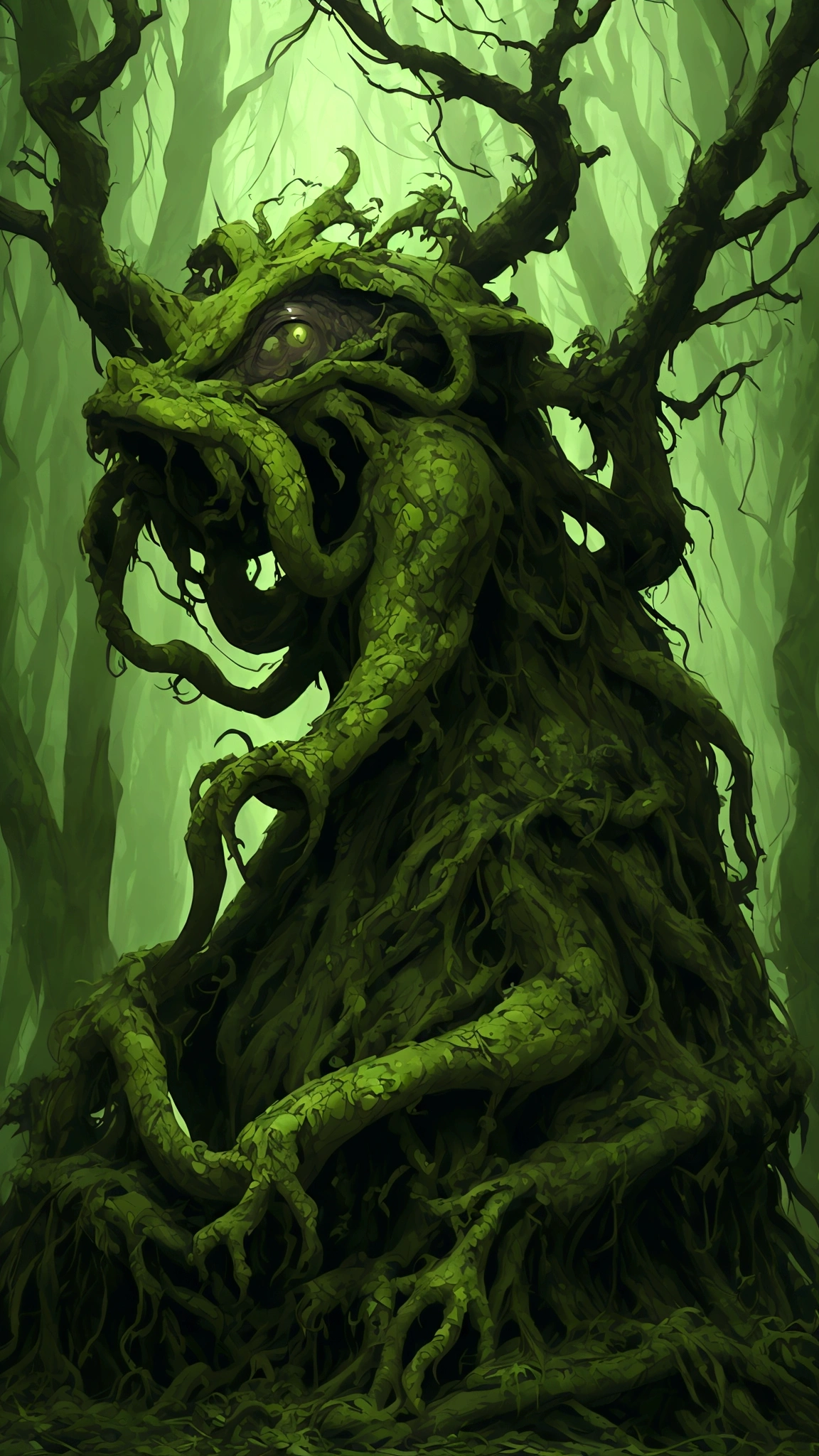 (best quality,highres:1.2),(realistic:1.37),ultra-detailed,a creepy toad,enormous in size,brightly colored,stalks through an ancient forest,tentacle tongue,thick and slimy skin,dark,ominous atmosphere,gloomy shadows,misty fog,gnarled trees,twisted branches,moss-covered rocks,dappled sunlight,unearthly glow,spooky ambiance,dense undergrowth,crunching leaves underfoot,haunting presence,unsettling silence,distant whispers,Cthulhu-like creature,mythical world,mysterious aura, Sentai Ranger, HDR, 8k, absurdres, cinestill 800, sharp focus, add_detail:3 (solo woman) anime, wideshot, widescreen, focus on subject