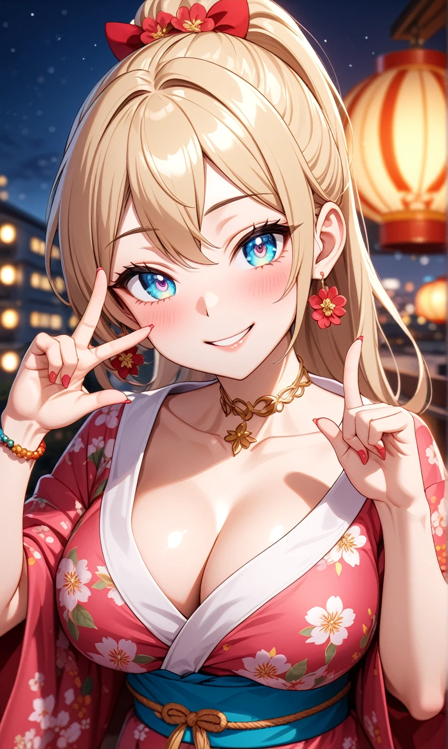 ((one personの女性)), Beautiful Face, Laughing embarrassedly,((Wink:2.0)),((a woman making a cute hand sign. She is holding one cheek with her hand and smiling shyly:1.3)),Laughing with your mouth open,((Red cheeks:1.4)),Lighting on the face,Glossy pink lips,night,rooftop,Festive decorations,You can see the ocean, firework,((Anime style background)),masterpiece, highest quality, so beautiful, Latest, Complex details, (Pink long nails),(ring),(flower bracelet),Floral choker,AI-generated, Complex,High resolution, highest quality, super high quality,3D Images、View your viewers、3D Images,one person,Long Blonde Hair,High Ponytail,Turquoise Eyes,Anime woman posing for a photo, (Fine grain,Colorful eyes,Shining Eyes:1.4),(Squint your eyes:1.1),a hyperRealistic , hyperRealistic , Realistic,Blonde anime woman with long hair, Smooth anime CG art, A woman in a colorful kimono with gold embroidery, (Pink kimono),Red floral pattern,Long flower hair ornament,Large floral earrings,(ring),(Big Breasts:1.1),Mature Body,Tall,Big Ass,Fine details,Narrow waist,Abdominal muscles,(Zoom in on face:1.1),(Tilt your head:1.1),