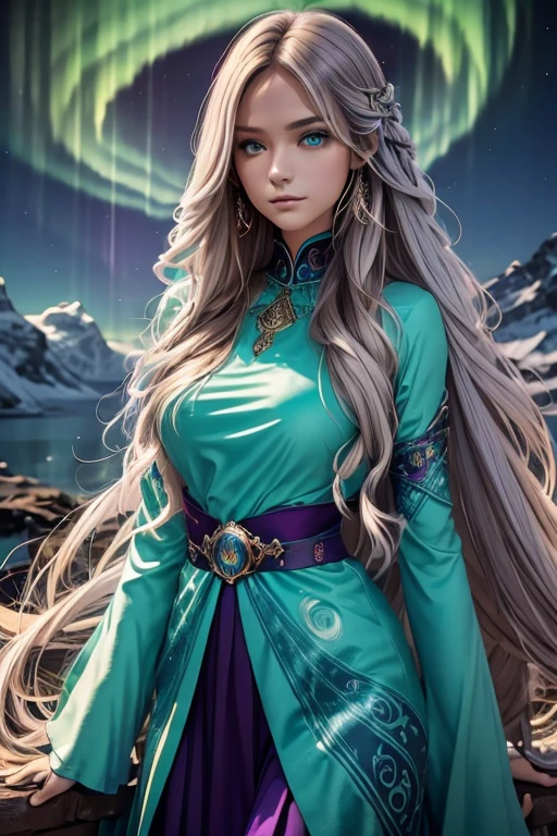 a female character with long, flowing hair that appears to be made of ethereal, swirling patterns resembling the Northern Lights or Aurora Borealis. The background is dominated by deep blues and purples, creating a mysterious and dramatic atmosphere. The character's face is serene, with pale skin and striking features. She wears a dark-colored outfit with subtle patterns. The overall style of the artwork is reminiscent of fantasy or supernatural genres