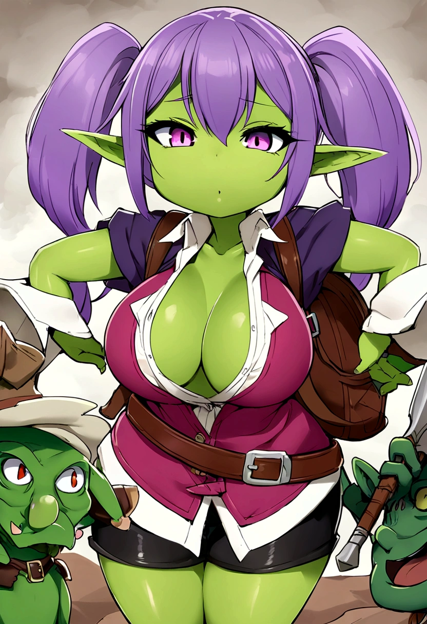 green skin, goblin, adventurer, backpack, spear, leather belt, vest, long ears, pointy ears, elf ears, thin clothes, open shirt, breasts, curvy, ecchi, short, shortstack, pigtails, purple hair