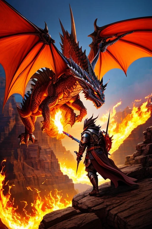 A knight fighting a dragon in the Great Canyon、high resolution、High resolution、Flames from the dragon's mouth、The knight attacks the dragon with his great sword、