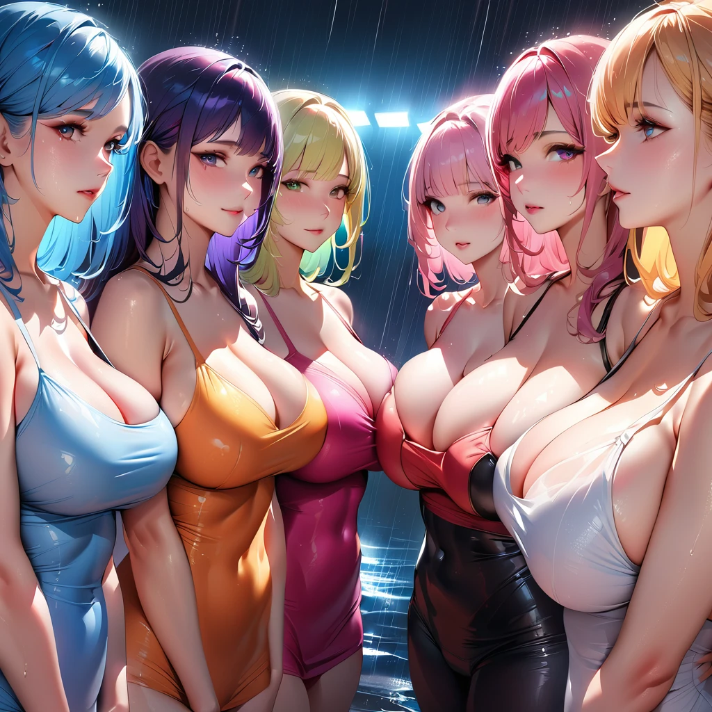 highest quality, Super detailed, Ultra-high resolution,8K, Ultra-high definition 4K, (5 cute girls), (Beautiful Eyes), (High-quality facial beauty), (In the Storm:1.2), (Photorealistic), (Big Breasts), Soft Skin, Glowing Skin, (tight camisole dresses), Bright lighting, lined up vertically, Very heavy rain, colorful, Goddess-like beauty, (NSFW)
