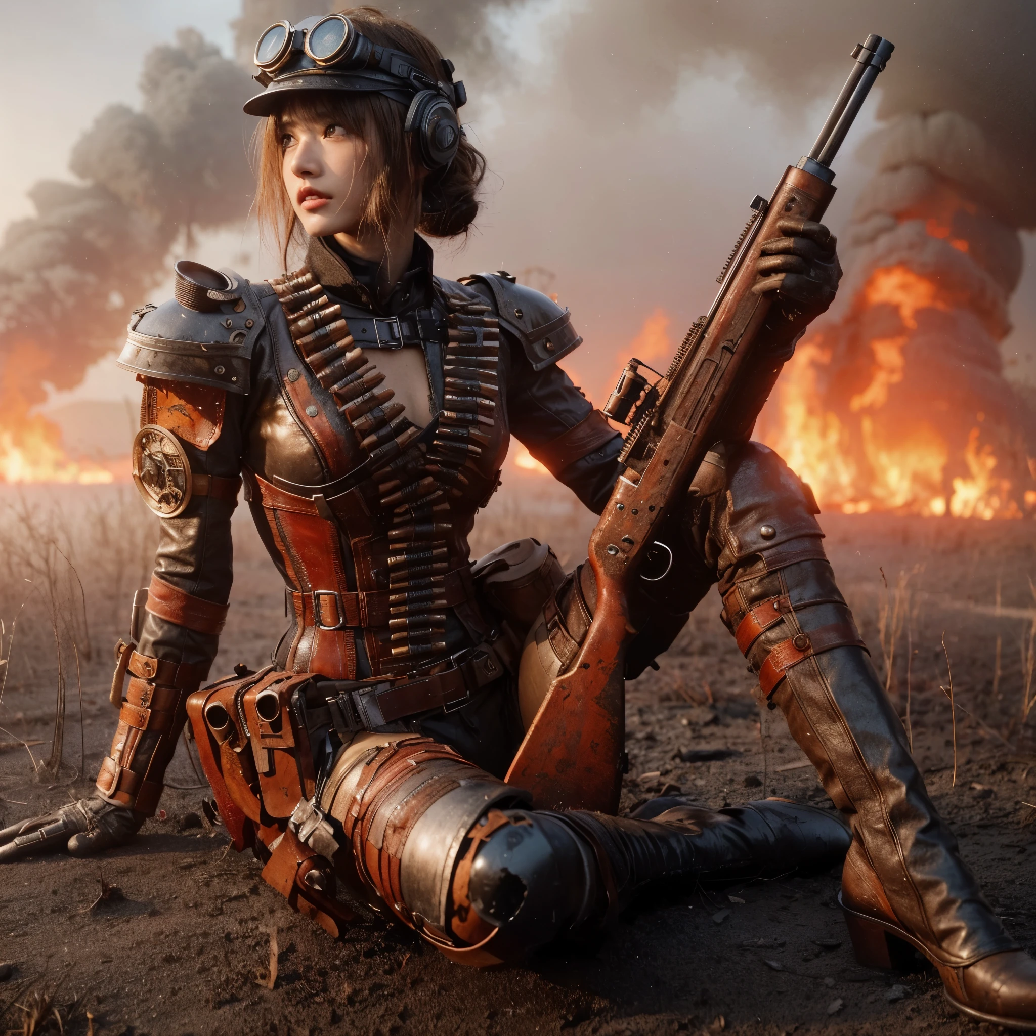 8k,Realistic Photo, Realistic Skin Texture, Superrealism, (Civil War-like leather suit:1.2), burnt field、heavy weapons,vivid textures,animal legs, gradation hair, japanese female soldier,(ultra beautiful face),((super realistic all textures)), ((super intricate all details)), full body shot, ultra sharp photo result, metallic color, scratch, Rust, weathering, steampunk, taken with Fuji film X-T30+Nokton. HDR10,Minimum of 4 pieces created