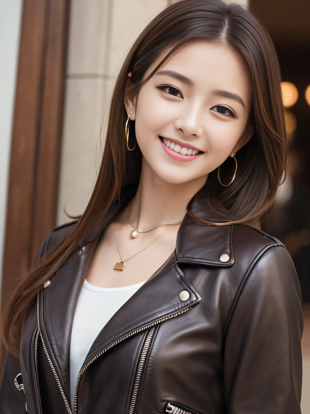 Ultra-high resolution, Superior Quality, highest quality, Very detailed, Realistic, 8k, RAW Photos, highest quality, masterpiece, Attractive girl, Awesome girl, Brown Hair、 Japanese Idols, Sophisticated, stylish, leather jacket、shirt、smile、Beautiful teeth alignment、ear piercing、Necklace around the neck、