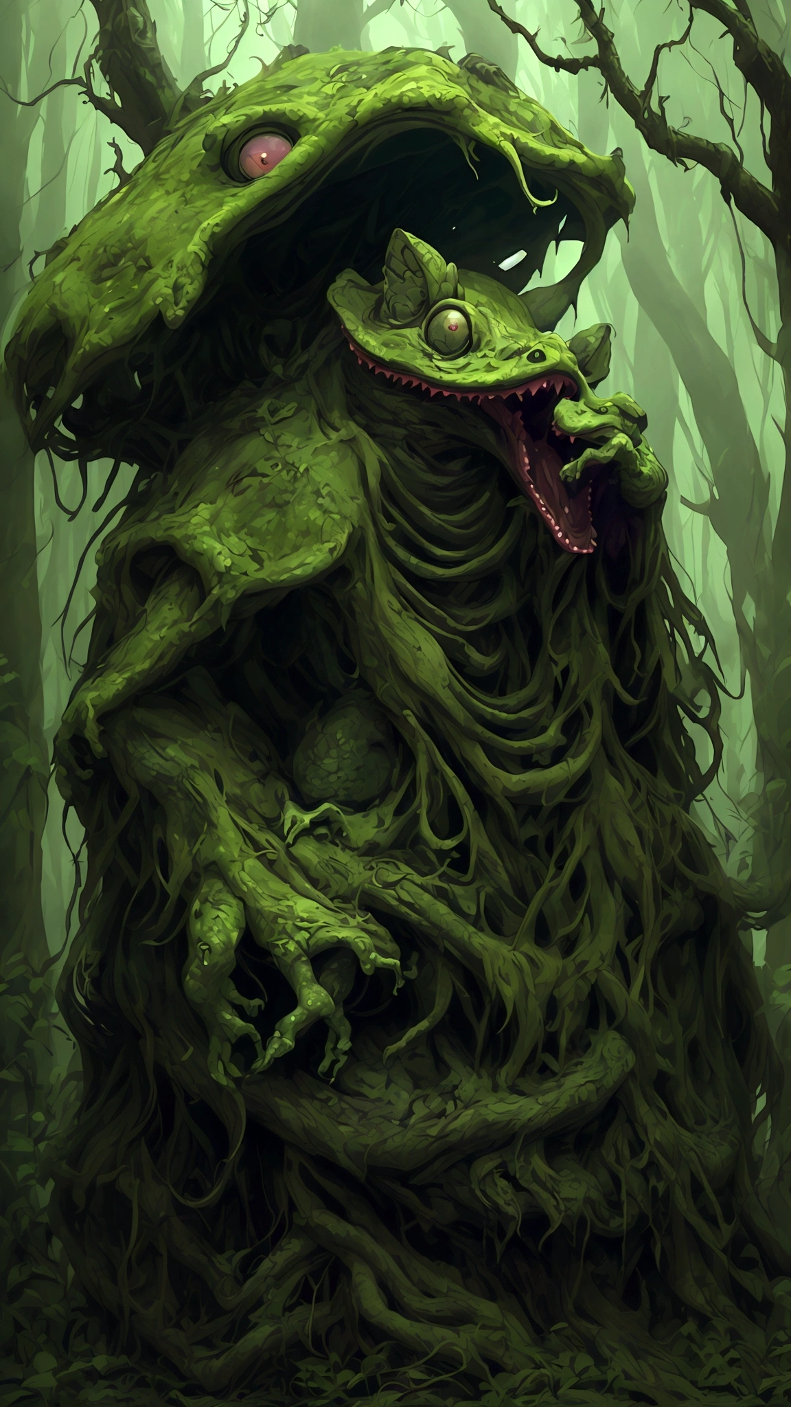 (best quality,highres:1.2),(realistic:1.37),ultra-detailed,a creepy toad,enormous in size,brightly colored,stalks through an ancient forest,tentacle tongue,thick and slimy skin,dark,ominous atmosphere,gloomy shadows,misty fog,gnarled trees,twisted branches,moss-covered rocks,dappled sunlight,unearthly glow,spooky ambiance,dense undergrowth,crunching leaves underfoot,haunting presence,unsettling silence,distant whispers,Cthulhu-like creature,mythical world,mysterious aura, Sentai Ranger, HDR, 8k, absurdres, cinestill 800, sharp focus, add_detail:3 (solo woman) anime, wideshot, widescreen, focus on subject