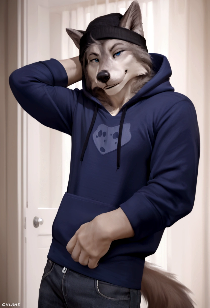 4k, high resolution, best quality, perfect colors, perfect shadows, perfect lighting, posted on e621, furry body, solo, medium full shot, anthro gray wolf, natural gray wolf fur pattern, sleep deprived, irritated eyes, wearing a t shirt with a death metal band logo, wearing a black open zipped down hoodie with the hood down, (anatomically correct wolf tail, detailed fingers, male, (middle-aged, mature:1.2), (skinny, average body), correct anatomy, (photorealistic fur, detailed fur, epic, masterpiece:1.2), (big modern background), (by Taran Fiddler, by Chunie, by Rukis, Bonifasko lighting), (standing), detailed blue eyes, smiling half-heartedly at the viewer, the hoodie is zipped down and showing the t shirt, the hood on the hoodie is down, t shirt is visible, head is fully visible, wearing a black beanie, he is not wearing the hood, the shirt can be seen under the hoodie, sleeves rolled up to elbows
