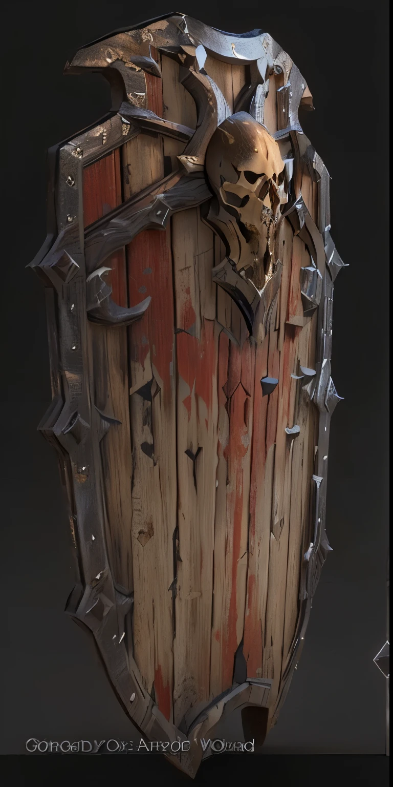 Close up of a wooden shield with a skull, Fantasy Shield, Shielding design, hand painted textures on model, Highly detailed cgsociety, Intricate details. Unreal Engine, Role Playing Game Items, Detailed game art, With wood details, Substance Painter 3D, Wooden armor, Unreal details, World of Warcraft Blizzard Weapon Art, With weapons and shields, Popular on polycount