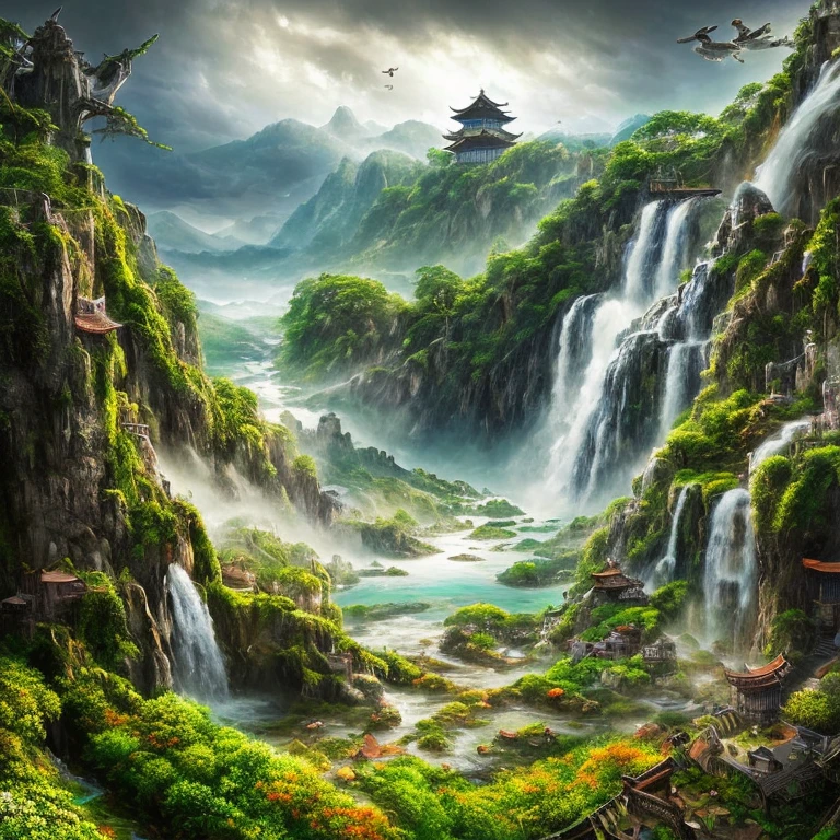 Many islands suspended in the air, airships flying large and small in the sky, martial arts, ancient Chinese architecture, waterfalls, fantasy, wonderland, growing magical plants, mist, extreme details, realistic light, epic composition, (intricate details), (hyper detail: 1.2), art station, (masterpiece, best quality, super HD), 32k --v 6