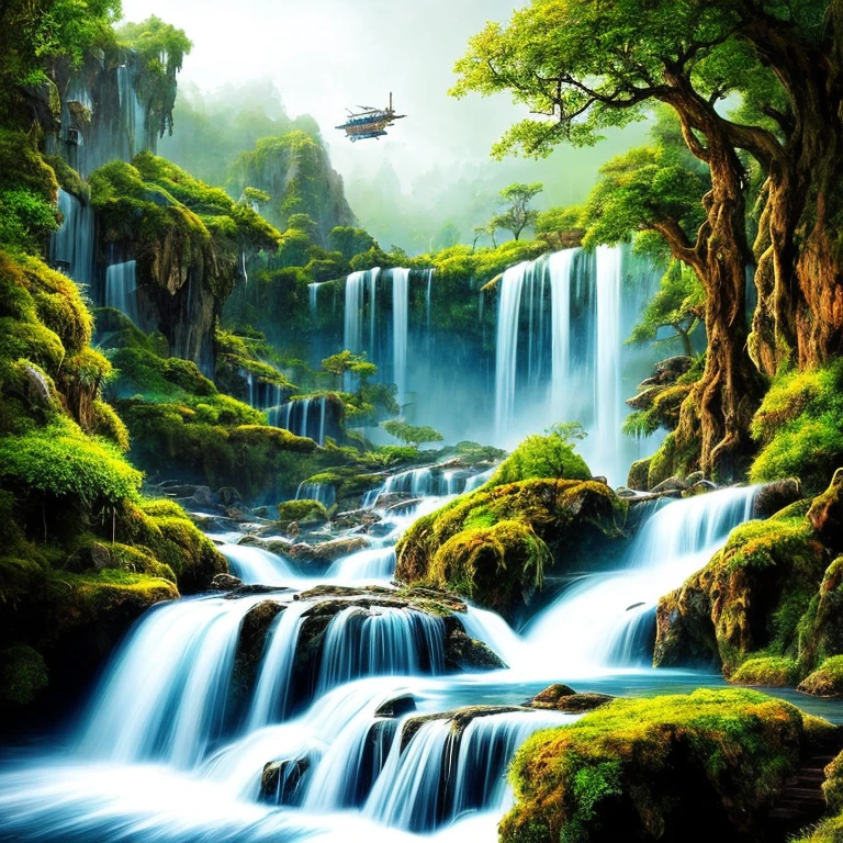 Many islands suspended in the air, airships flying large and small in the sky, martial arts, ancient Chinese architecture, waterfalls, fantasy, wonderland, growing magical plants, mist, extreme details, realistic light, epic composition, (intricate details), (hyper detail: 1.2), art station, (masterpiece, best quality, super HD), 32k --v 6