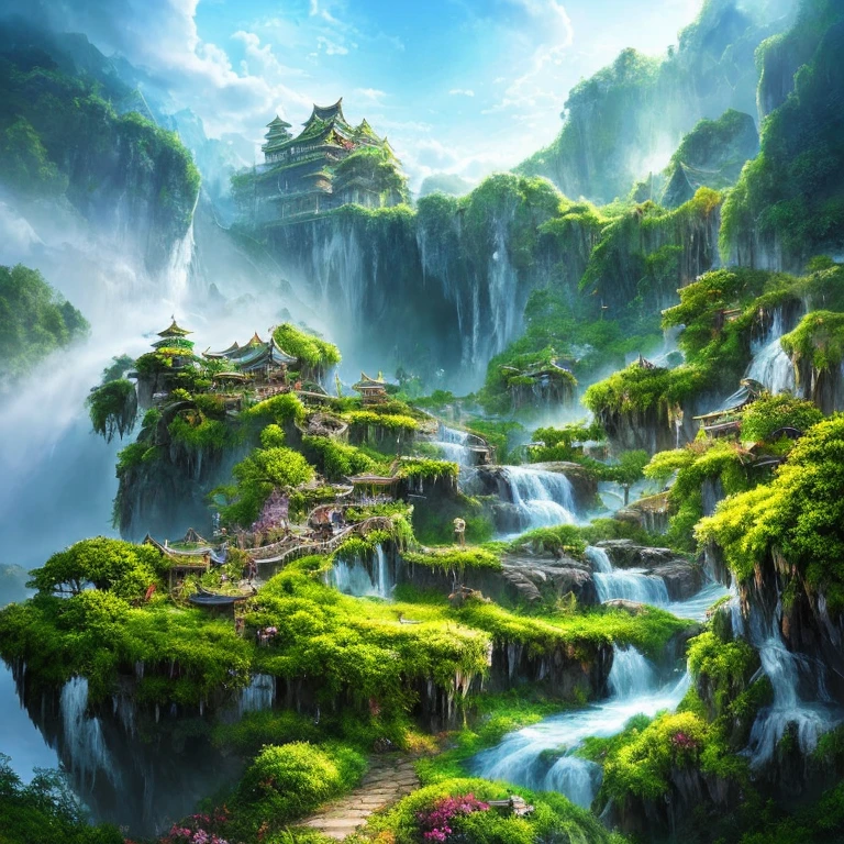 Many islands suspended in the air, airships flying large and small in the sky, martial arts, ancient Chinese architecture, waterfalls, fantasy, wonderland, growing magical plants, mist, extreme details, realistic light, epic composition, (intricate details), (hyper detail: 1.2), art station, (masterpiece, best quality, super HD), 32k --v 6