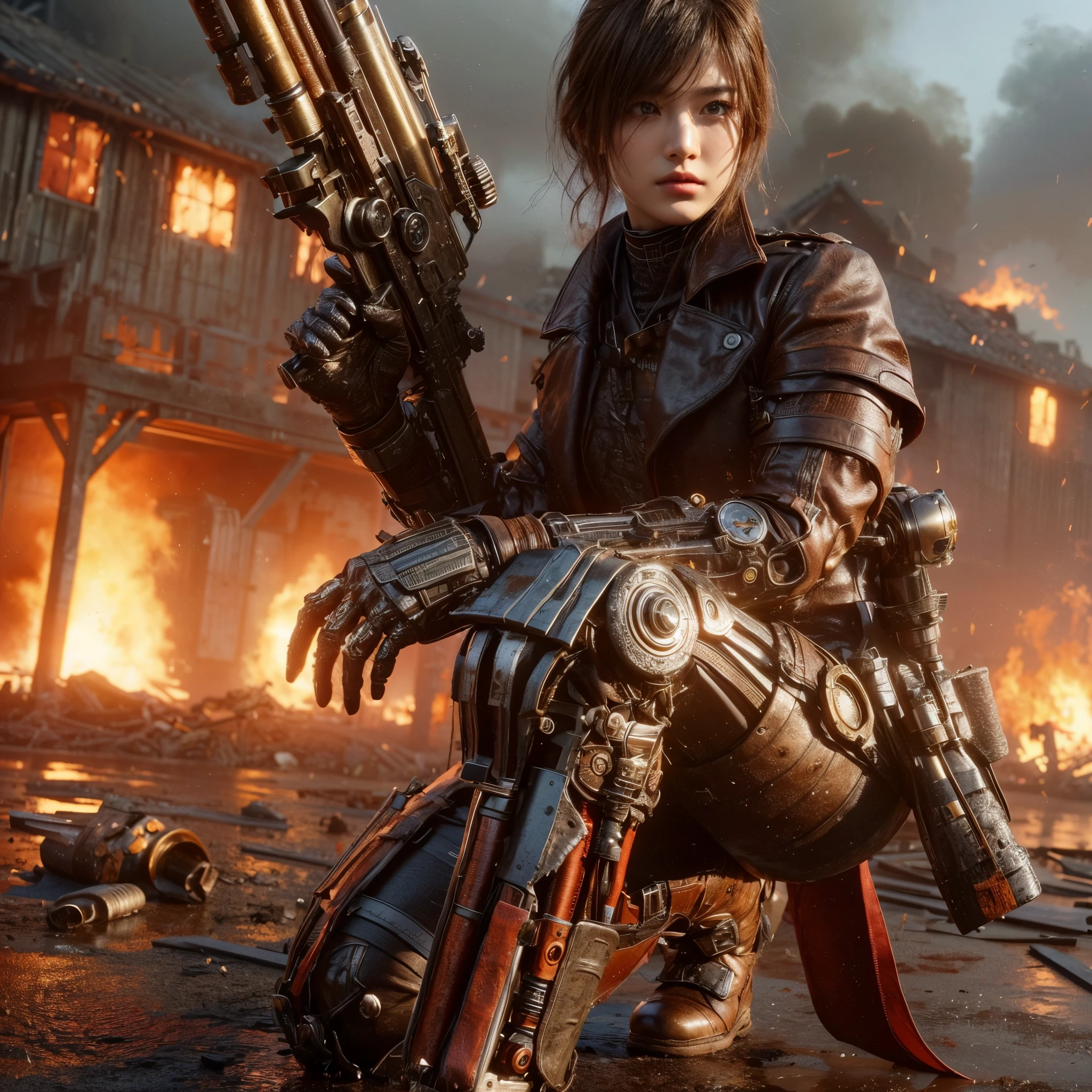 8k,Realistic Photo, Realistic Skin Texture, Superrealism, (Civil War-like leather suit:1.2), burnt field、heavy weapons,vivid textures,animal legs, gradation hair, japanese female soldier,(ultra beautiful face),((super realistic all textures)), ((super intricate all details)), full body shot, ultra sharp photo result, metallic color, scratch, Rust, weathering, steampunk, taken with Fuji film X-T30+Nokton. HDR10,Minimum of 4 pieces created