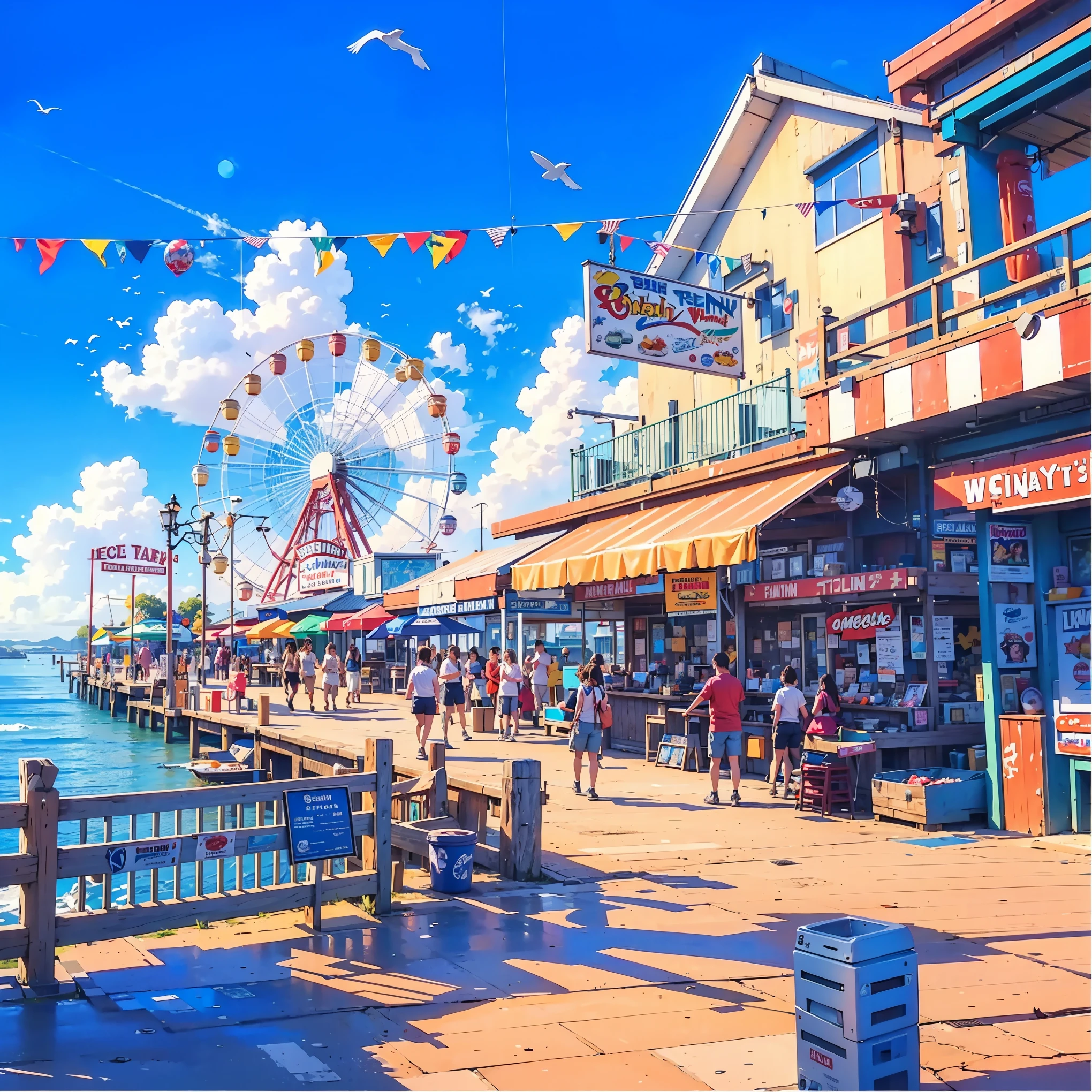 Fisherman's Wharf, Sunny day, bright colors, noon, depict both the walking area and the view of the pier. Objects to be added: restaurants, shops, an ice cream stand, a photo booth, a pier with seals, a large number of martins, amusement park on a pier in the distance, big Ferris wheel, brightly colored signs, arrows