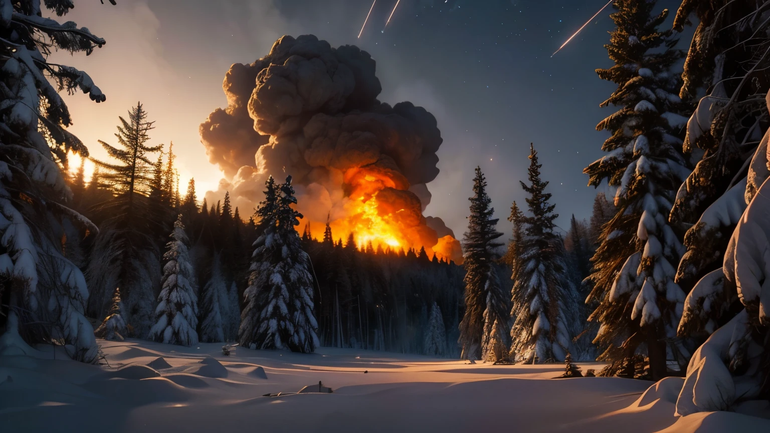 Dramatic lighting, chiaroscuro, dozens of big fiery meteorites falling from the sky, dense forest under snow, trees on fire, daytime