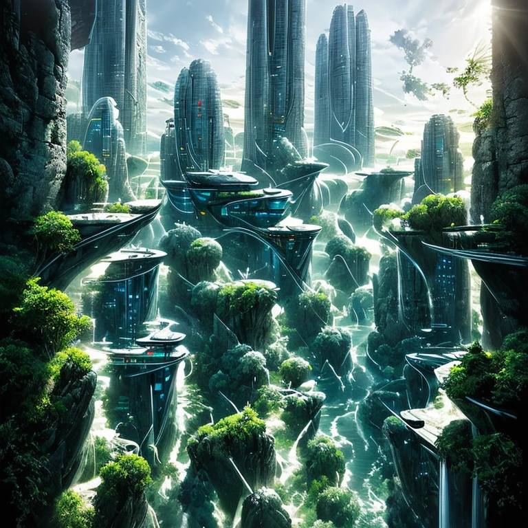 Airbrush drawing --v 5.1 style Futuristic design of an awesome sunny day environment concept art on a futuristic terrain with huge waterfalls,streams, mangroves,nature architecture, proportional,detailed,bright clouds, nature meets futuristic architecture by Santiago Calatrava and Vincent Callebaut with futuristic development, high rise made up staircases, balconies, full of composite glass facades, residential spaces carved from cliff side ,trending on artstation, beautiful lighting,In the style , fantasy, intricate, award winning, 4k, highest quality