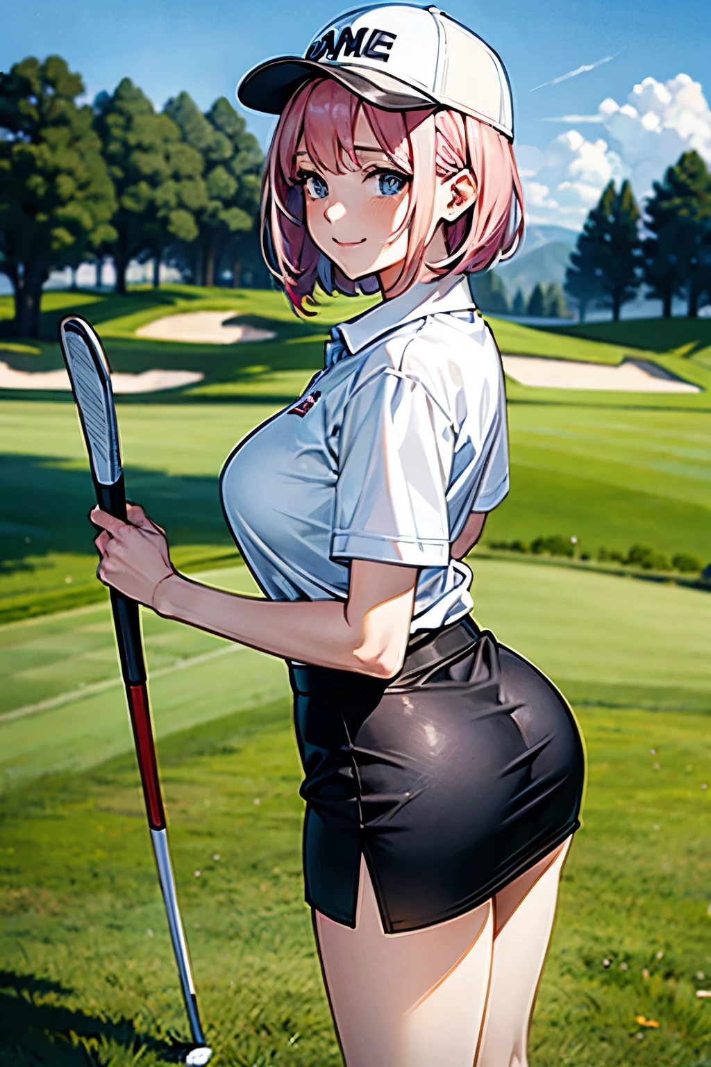 (masterpiece、highest quality、High resolution、Realistic depiction)
Wearing a cap、Golf clubを手に持つ(One in each hand)girl、Golf club、Polo shirt(black)、Tight Skirt(white)、White socks、Running shoes serious expression、smile、
Turn your ass towards me 、
grass、flag、
Clothing that shows the lines of the body、Butt Emphasis、
Big Breasts、Pink hair bob