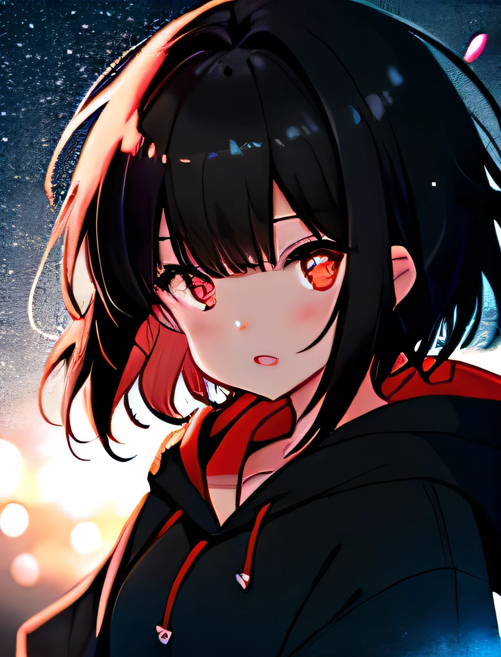 a girl, black hoodie on, upper body, (short black hair:1.1), (with bangs:1.1), (wide open red eyes:1.2), night sky with stars, bokeh, depth of field, blurry background, light particles, strong wind, (heart particles:1.1)