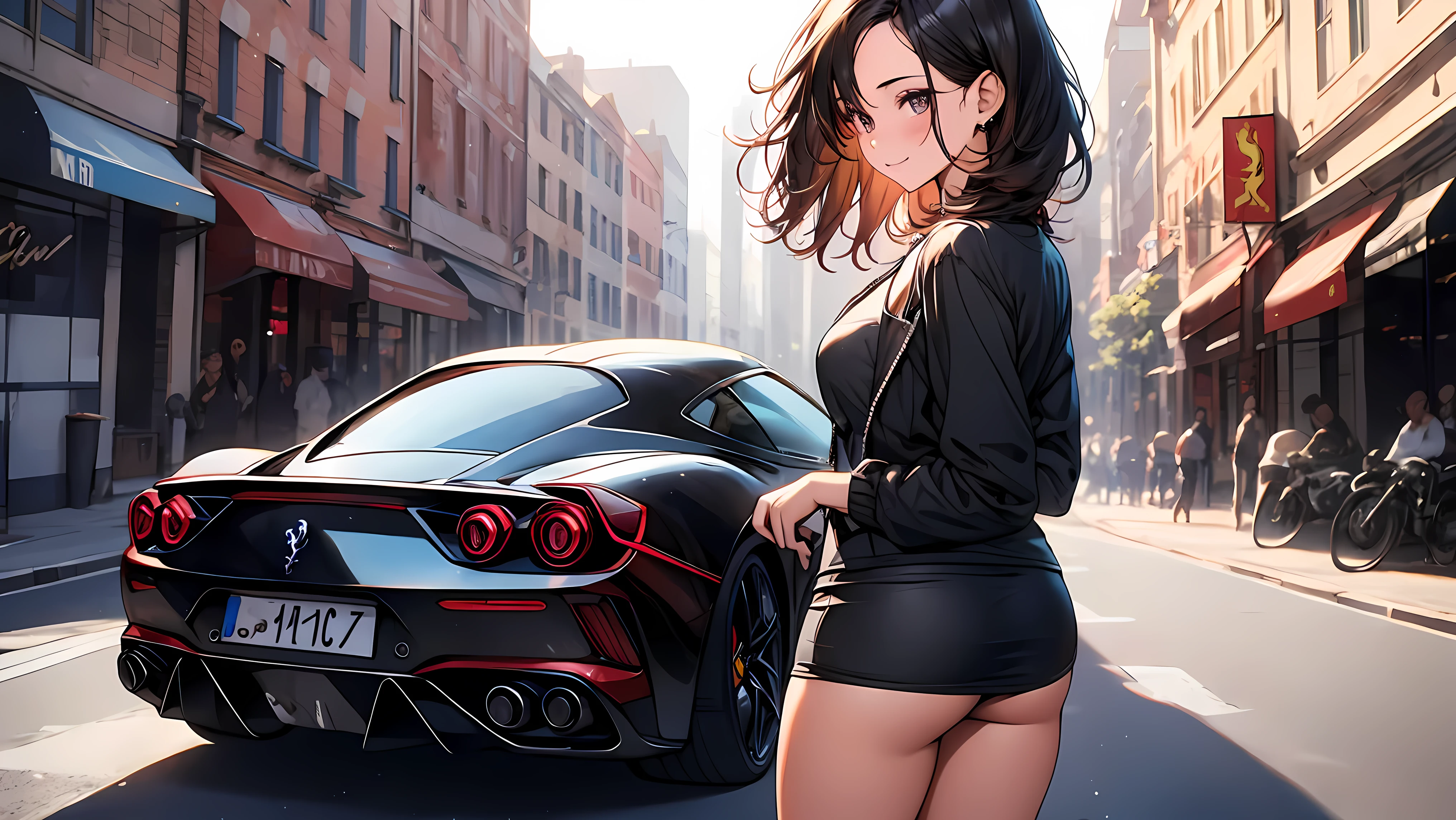 hermosa chica junto a un ferrari negro