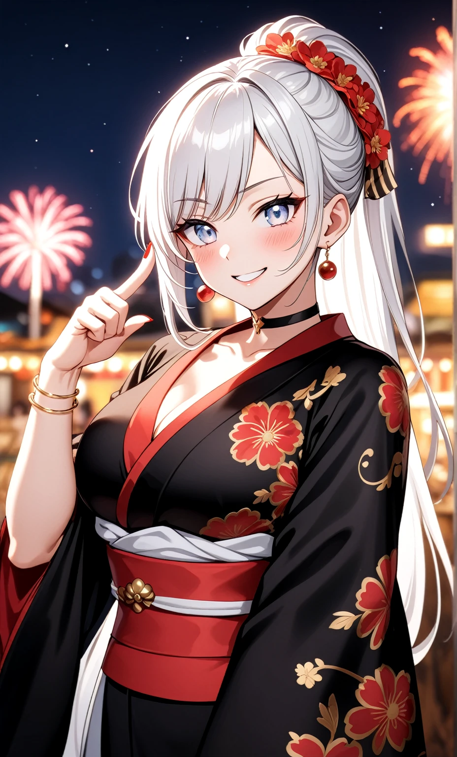 ((one personの女性)), Beautiful Face,((Wink:1.9)),(a woman making a cute hand sign. She is making a peace sign with one hand and covering one eye with it),(Bright red cheeks:1.4),Laughing embarrassedly,Laughing with your mouth open,Glossy pink lips,Lighting on the face,night,night景と海が美しい公園,Colorful fireworks,((Anime style background)),masterpiece, highest quality, so beautiful, Latest, Complex details, (Pink long nails),(ring),(bracelet),(choker),AI-generated, Complex,High resolution, highest quality, super high quality,3D Images、View your viewers、3D Images,one person,Long white hair,High Ponytail,(blue eyes),Anime woman posing for a photo, ((Fine grain、Silvery white colorful eyes、Shining Eyes:1.3)),(Squint your eyes:1.1),a hyperRealistic , hyperRealistic , Realistic,Anime woman with long and white hair, Smooth anime CG art, A woman in a colorful kimono with gold embroidery, (Black kimono),Red floral pattern,Long flower hair ornament,Big earrings,Mature Body,(Big Breasts:1.1),Tall,Fine details,Abdominal muscles,Narrow waist,(Zoom in on face:1.1),Tilt your head,