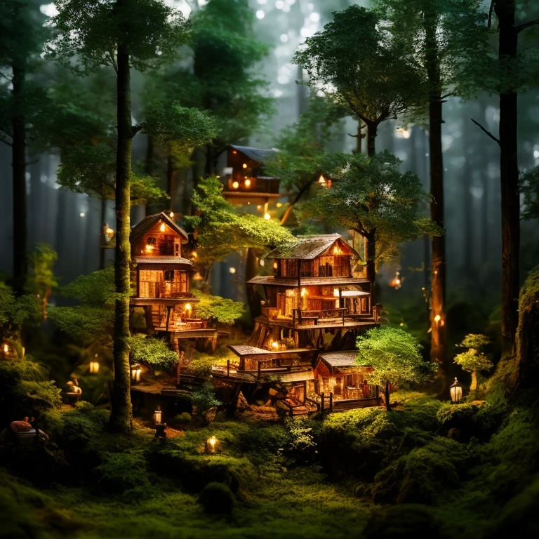 A masterpiece in the form of a wood forest world full of life inside a beautiful, illuminated miniature forest