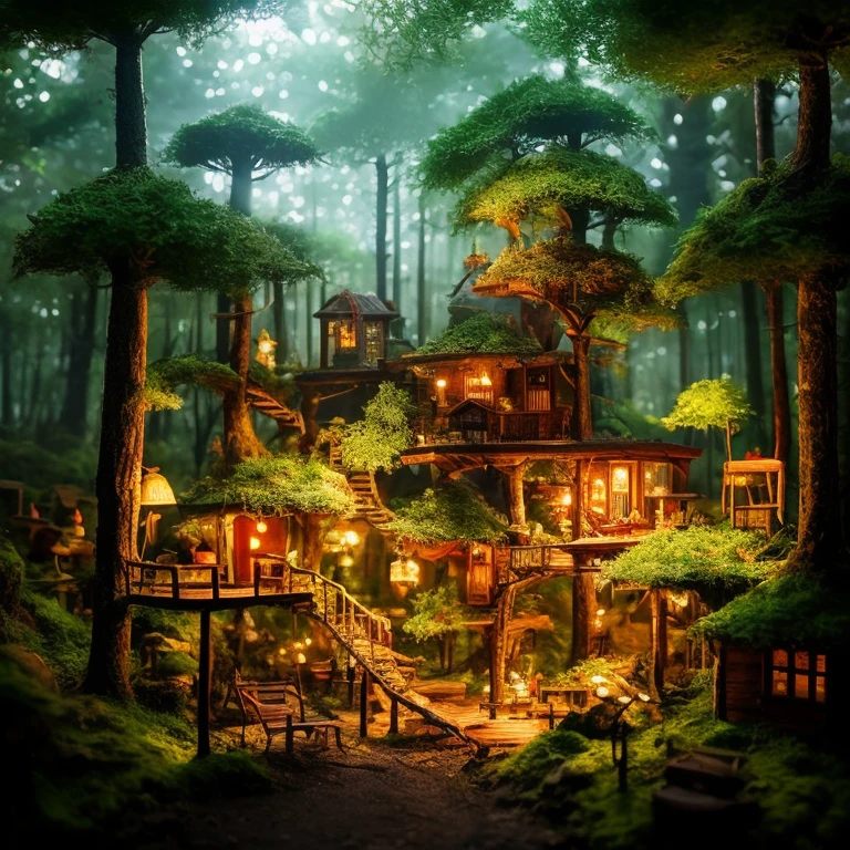 A masterpiece in the form of a wood forest world full of life inside a beautiful, illuminated miniature forest