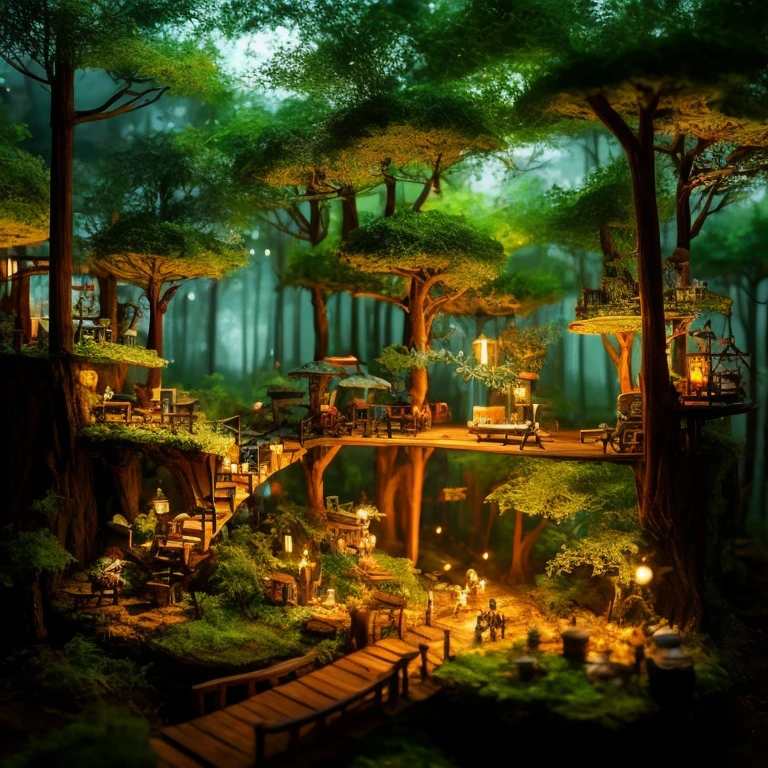 A masterpiece in the form of a wood forest world full of life inside a beautiful, illuminated miniature forest