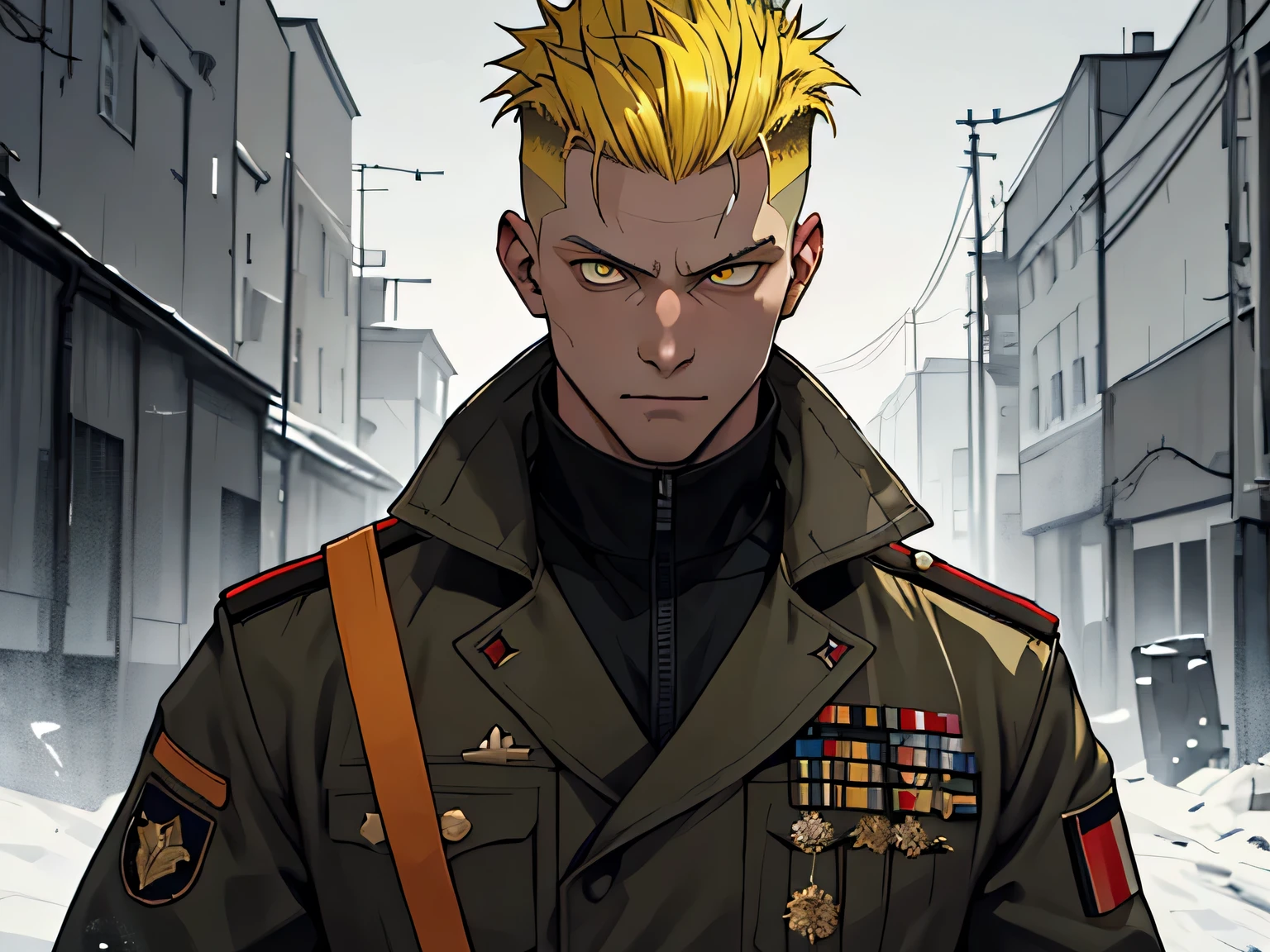 1man, yellow hair, undercut hairstyle, yellow eyes, russian army commander outfit,battlefield,eerie vibes, looking at viewer, masterpiece, best quality,