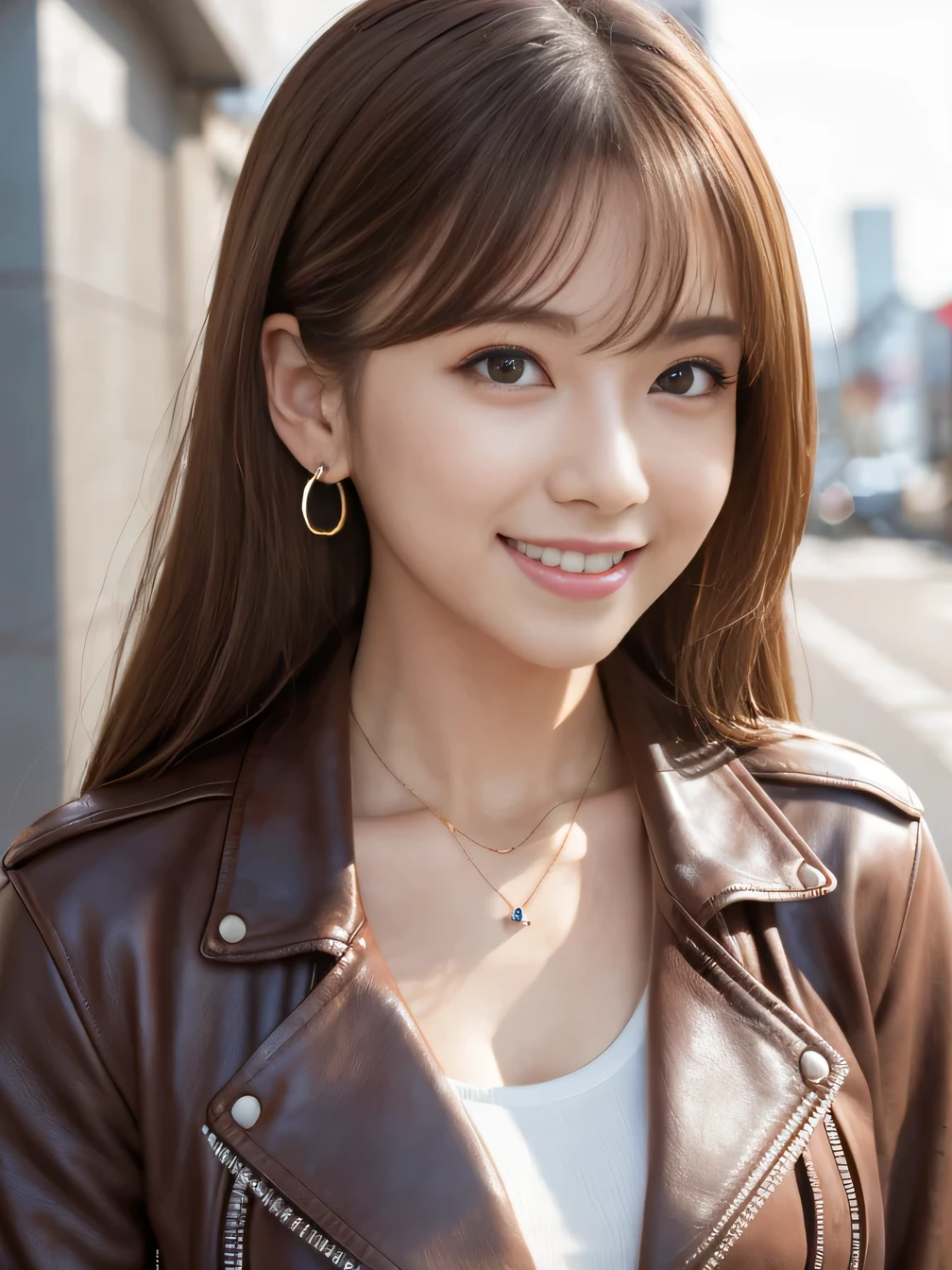 Ultra-high resolution, Superior Quality, highest quality, Very detailed, Realistic, 8k, RAW Photos, highest quality, masterpiece, Attractive girl, Awesome girl, Light brown hair、 Japanese Idols, Sophisticated, stylish, leather jacket、shirt、smile、Beautiful teeth alignment、ear piercing、Necklace around the neck、
