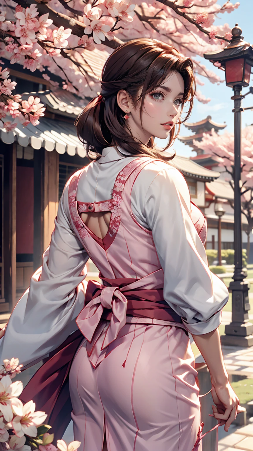Sakura Wars' Shinguji Sakura、cute、Shiny black hair、Ponytail tied with ribbon、Wearing kimono and hakama