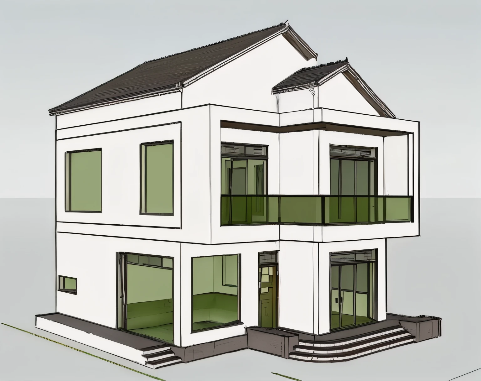 un rendu d'une maison à deux étages avec un balcon et un balcon, rendu 2D complet, complete house, vue de face, croquis - vers le haut, Rendu 3D, rendu 3D, detailed rendering, avec rendu 3D, conception résidentielle, avec rendu 3D, 3/4 realistic views, dans le style du réalisme simplifié, Rendu 3D, vue de face