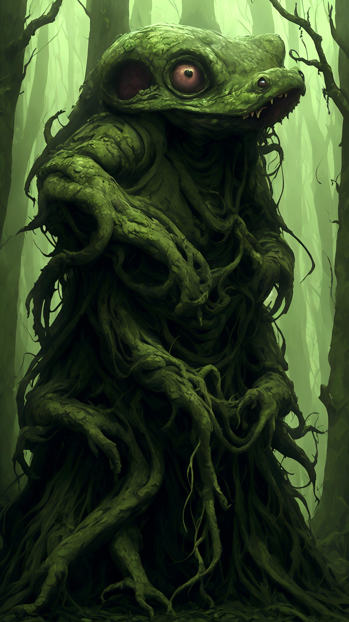 (best quality,highres:1.2),(realistic:1.37),ultra-detailed,a creepy toad,enormous in size,brightly colored,stalks through an ancient forest,tentacle tongue,thick and slimy skin,dark,ominous atmosphere,gloomy shadows,misty fog,gnarled trees,twisted branches,moss-covered rocks,dappled sunlight,unearthly glow,spooky ambiance,dense undergrowth,crunching leaves underfoot,haunting presence,unsettling silence,distant whispers,Cthulhu-like creature,mythical world,mysterious aura, Sentai Ranger, HDR, 8k, absurdres, cinestill 800, sharp focus, add_detail:3 (solo woman) anime, wideshot, widescreen, focus on subject