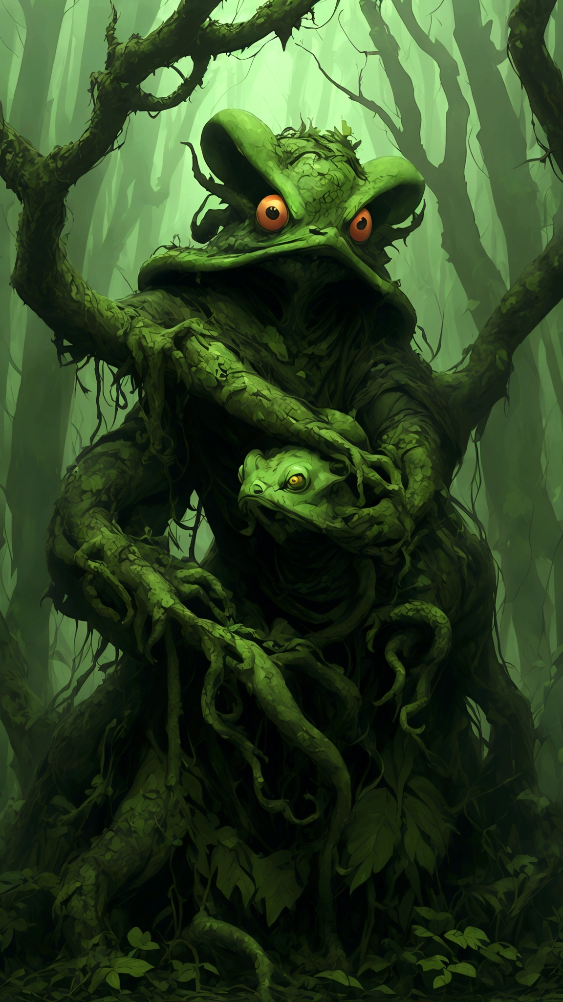 (best quality,highres:1.2),(realistic:1.37),ultra-detailed,a creepy toad,enormous in size,brightly colored,stalks through an ancient forest,tentacle tongue,thick and slimy skin,dark,ominous atmosphere,gloomy shadows,misty fog,gnarled trees,twisted branches,moss-covered rocks,dappled sunlight,unearthly glow,spooky ambiance,dense undergrowth,crunching leaves underfoot,haunting presence,unsettling silence,distant whispers,Cthulhu-like creature,mythical world,mysterious aura, Sentai Ranger, HDR, 8k, absurdres, cinestill 800, sharp focus, add_detail:3 (solo woman) anime, wideshot, widescreen, focus on subject
