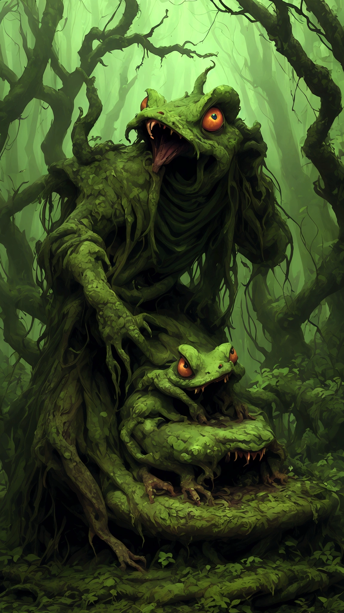 (best quality,highres:1.2),(realistic:1.37),ultra-detailed,a creepy toad,enormous in size,brightly colored,stalks through an ancient forest,tentacle tongue,thick and slimy skin,dark,ominous atmosphere,gloomy shadows,misty fog,gnarled trees,twisted branches,moss-covered rocks,dappled sunlight,unearthly glow,spooky ambiance,dense undergrowth,crunching leaves underfoot,haunting presence,unsettling silence,distant whispers,Cthulhu-like creature,mythical world,mysterious aura, Sentai Ranger, HDR, 8k, absurdres, cinestill 800, sharp focus, add_detail:3 (solo woman) anime, wideshot, widescreen, focus on subject