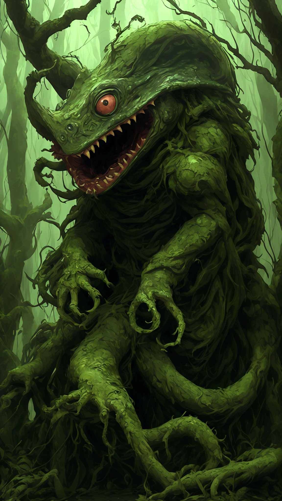 (best quality,highres:1.2),(realistic:1.37),ultra-detailed,a creepy toad,enormous in size,brightly colored,stalks through an ancient forest,tentacle tongue,thick and slimy skin,dark,ominous atmosphere,gloomy shadows,misty fog,gnarled trees,twisted branches,moss-covered rocks,dappled sunlight,unearthly glow,spooky ambiance,dense undergrowth,crunching leaves underfoot,haunting presence,unsettling silence,distant whispers,Cthulhu-like creature,mythical world,mysterious aura, Sentai Ranger, HDR, 8k, absurdres, cinestill 800, sharp focus, add_detail:3 (solo woman) anime, wideshot, widescreen, focus on subject