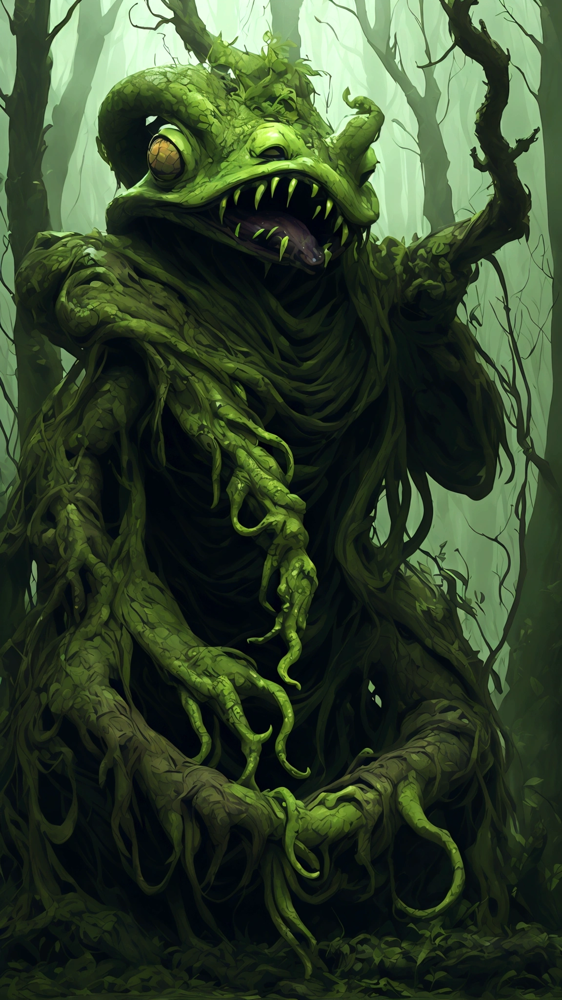 (best quality,highres:1.2),(realistic:1.37),ultra-detailed,a creepy toad,enormous in size,brightly colored,stalks through an ancient forest,tentacle tongue,thick and slimy skin,dark,ominous atmosphere,gloomy shadows,misty fog,gnarled trees,twisted branches,moss-covered rocks,dappled sunlight,unearthly glow,spooky ambiance,dense undergrowth,crunching leaves underfoot,haunting presence,unsettling silence,distant whispers,Cthulhu-like creature,mythical world,mysterious aura, Sentai Ranger, HDR, 8k, absurdres, cinestill 800, sharp focus, add_detail:3 (solo woman) anime, wideshot, widescreen, focus on subject
