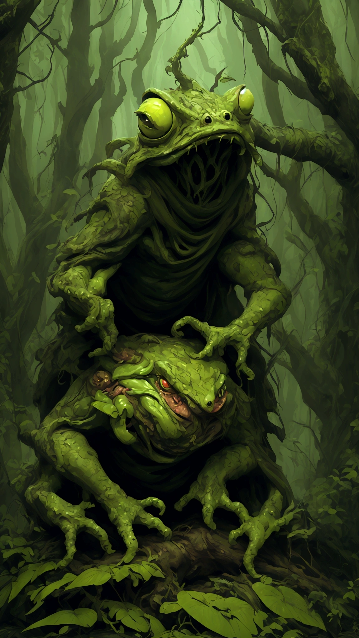 (best quality,highres:1.2),(realistic:1.37),ultra-detailed,a creepy toad,enormous in size,brightly colored,stalks through an ancient forest,tentacle tongue,thick and slimy skin,dark,ominous atmosphere,gloomy shadows,misty fog,gnarled trees,twisted branches,moss-covered rocks,dappled sunlight,unearthly glow,spooky ambiance,dense undergrowth,crunching leaves underfoot,haunting presence,unsettling silence,distant whispers,Cthulhu-like creature,mythical world,mysterious aura, Sentai Ranger, HDR, 8k, absurdres, cinestill 800, sharp focus, add_detail:3 (solo woman) anime, wideshot, widescreen, focus on subject
