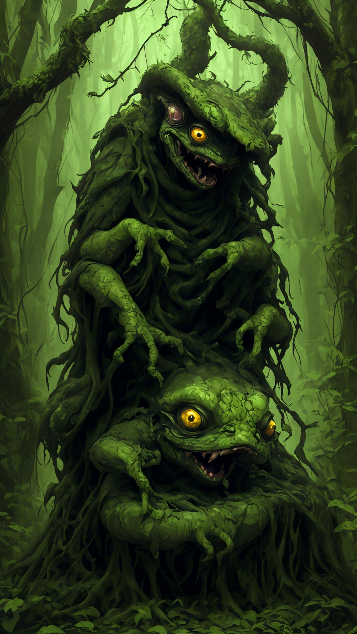 (best quality,highres:1.2),(realistic:1.37),ultra-detailed,a creepy toad,enormous in size,brightly colored,stalks through an ancient forest,tentacle tongue,thick and slimy skin,dark,ominous atmosphere,gloomy shadows,misty fog,gnarled trees,twisted branches,moss-covered rocks,dappled sunlight,unearthly glow,spooky ambiance,dense undergrowth,crunching leaves underfoot,haunting presence,unsettling silence,distant whispers,Cthulhu-like creature,mythical world,mysterious aura, Sentai Ranger, HDR, 8k, absurdres, cinestill 800, sharp focus, add_detail:3 (solo woman) anime, wideshot, widescreen, focus on subject