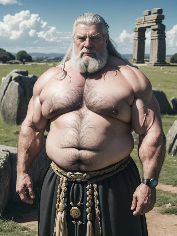 Hyperrealistic image of an elderly man over 79 years old, superhero king celtic warrior with very long and braided gray hair super heavy and very fat very handsome bodybuilder with huge flabby pecs and very large and pointed nipples very sweaty standing in front of some dolmens in a landscape in Brittany