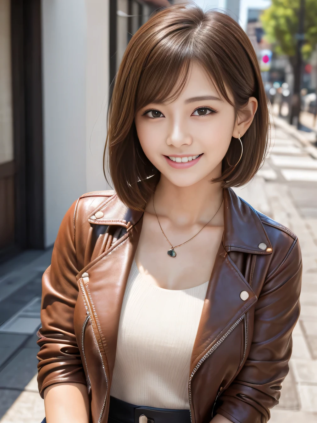 Ultra-high resolution, Superior Quality, highest quality, Very detailed, Realistic, 8k, RAW Photos, highest quality, masterpiece, Attractive girl, Awesome girl, Light brown hair、Short Haircut、 Japanese Idols, Sophisticated, stylish, leather jacket、shirt、smile、Beautiful teeth alignment、ear piercing、Necklace around the neck、