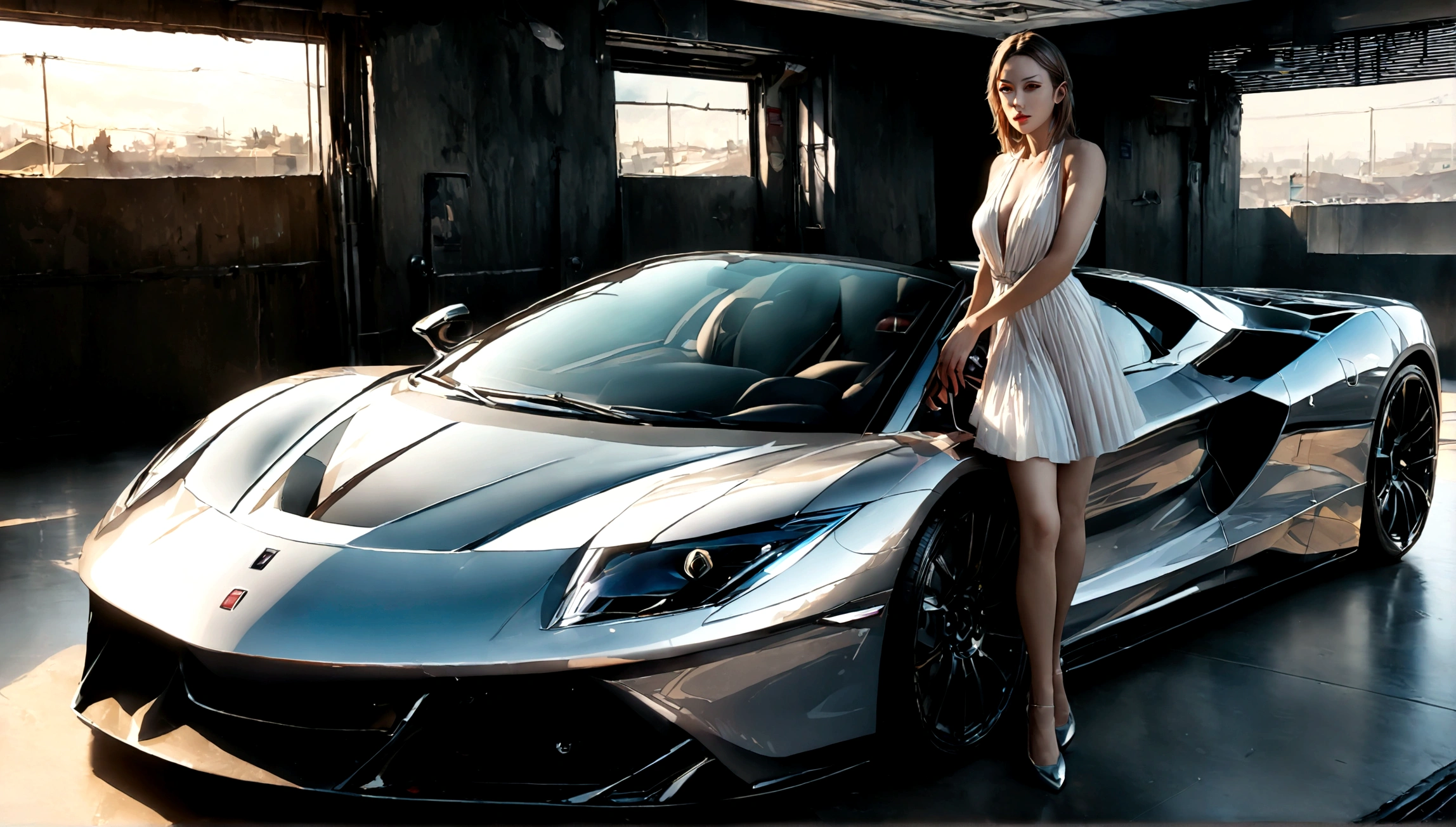 a beautiful girl standing next to a black ferrari, detailed face, long eyelashes, elegant dress, detailed car, luxury environment, cinematic lighting, photorealistic, 8k, (best quality,4k,8k,highres,masterpiece:1.2),ultra-detailed,(realistic,photorealistic,photo-realistic:1.37),dramatic lighting,cinematic composition,vivid colors,highly detailed