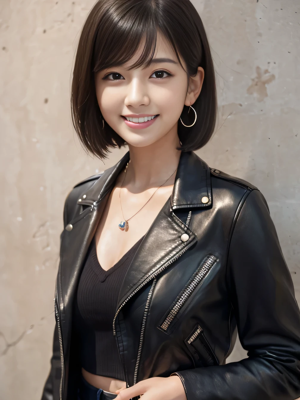 Ultra-high resolution, Superior Quality, highest quality, Very detailed, Realistic, 8k, RAW Photos, highest quality, masterpiece, Attractive girl, Awesome girl, Black Hair、Short Haircut、 Japanese Idols, Sophisticated, stylish, leather jacket、shirt、smile、Beautiful teeth alignment、ear piercing、Necklace around the neck、