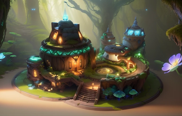 masterpiece, best quality, (extremely detailed CG unity 8k wallpaper), (best quality), (best illustration), (best shadow),（ A mushroom house covered with moss）,(((Fantasy))),(((spirit))),(((dew))),（timbo）,（creek）,firefly,clover,wtarlight surrounds the room，petal, isometric 3D, octane render,ray tracing,ultra detailed，