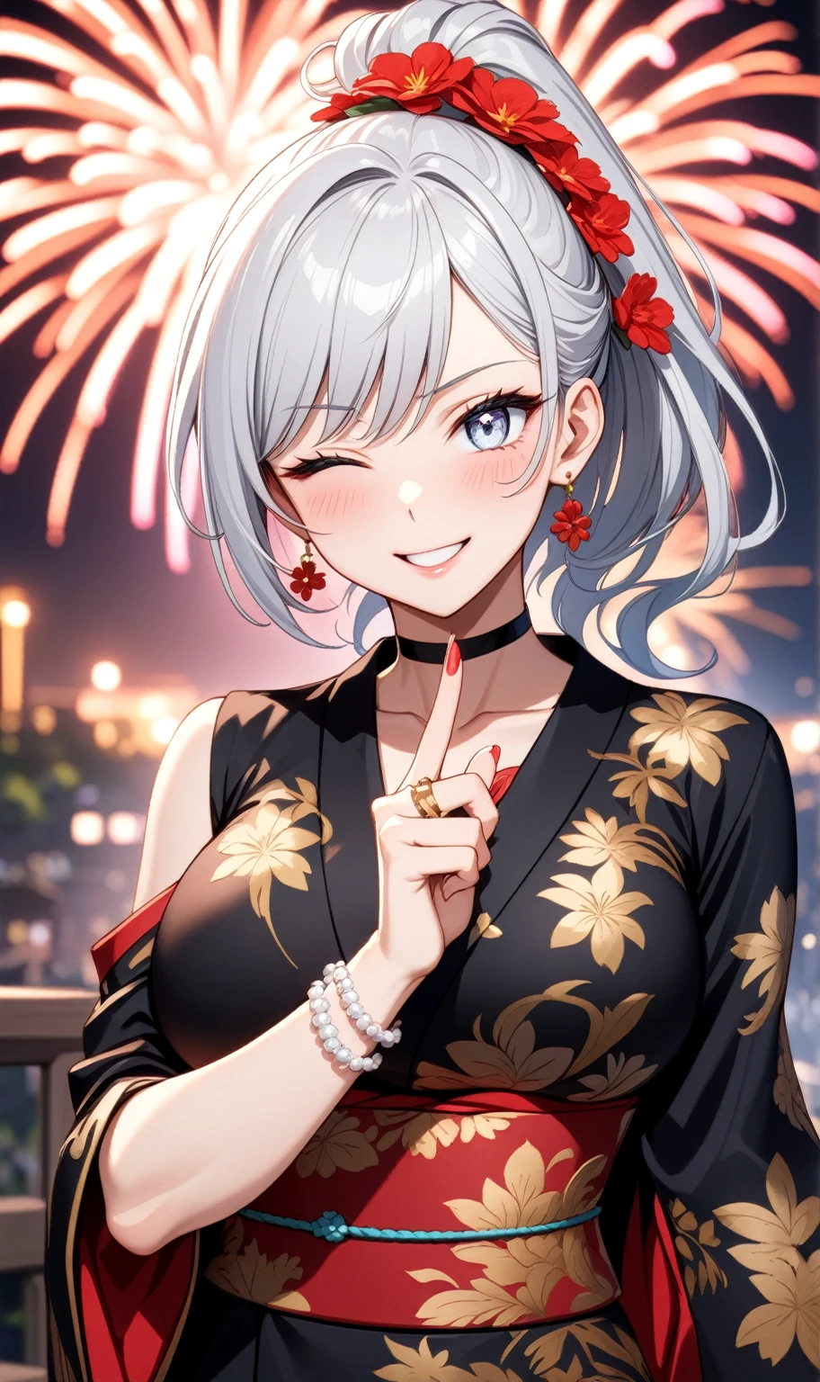((one personの女性)), Beautiful Face,((Wink:1.9)),((a woman making a cute hand sign. She is making a peace sign with one hand and covering one eye with it)),(Bright red cheeks:1.4),Laughing embarrassedly,Laughing with your mouth open,Glossy pink lips,Lighting on the face,night,night景と海が美しい公園,Colorful fireworks,((Anime style background)),masterpiece, highest quality, so beautiful, Latest, Complex details, (Pink long nails),(ring),(bracelet),(choker),AI-generated, Complex,High resolution, highest quality, super high quality,3D Images、View your viewers、3D Images,one person,Long white hair,High Ponytail,(blue eyes),Anime woman posing for a photo, ((Fine grain、Silvery white colorful eyes、Shining Eyes:1.3)),(Squint your eyes:1.1),a hyperRealistic , hyperRealistic , Realistic,Anime woman with long and white hair, Smooth anime CG art, A woman in a colorful kimono with gold embroidery, (Black kimono),Red floral pattern,Long flower hair ornament,Big earrings,Mature Body,(Big Breasts:1.1),Tall,Fine details,Abdominal muscles,Narrow waist,(Zoom in on face:1.1),