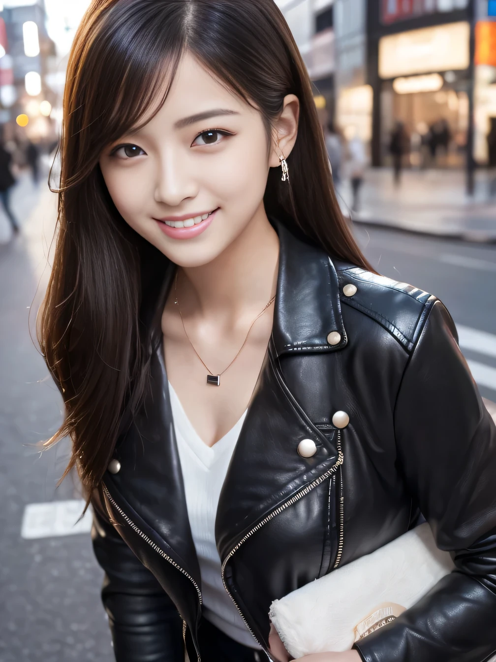 Ultra-high resolution, Superior Quality, highest quality, Very detailed, Realistic, 8k, RAW Photos, highest quality, masterpiece, Attractive girl, Awesome girl, Black Hair、 Japanese Idols, Sophisticated, stylish, leather jacket、shirt、smile、Beautiful teeth alignment、ear piercing、Necklace around the neck、
