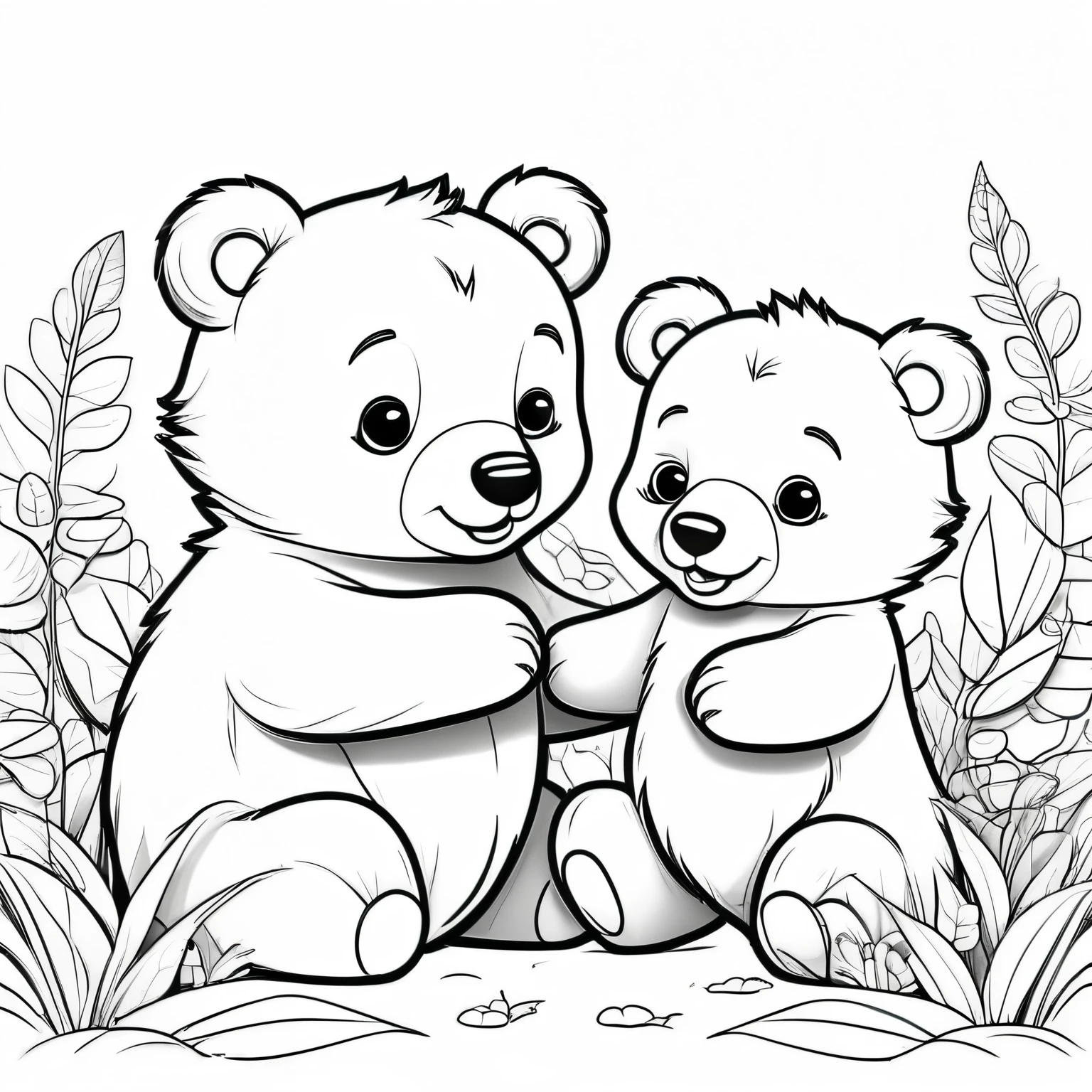 Cute and adorable Bear and its Cub playing, coloring page for kids, happy, smiling, surrounded by plants, vector art, minimalistic, vector 2d, black lines white background, coloring page for beginners, vector illustration, pencil strokes, no color, drawing for coloring, white background, pixar style, black and white