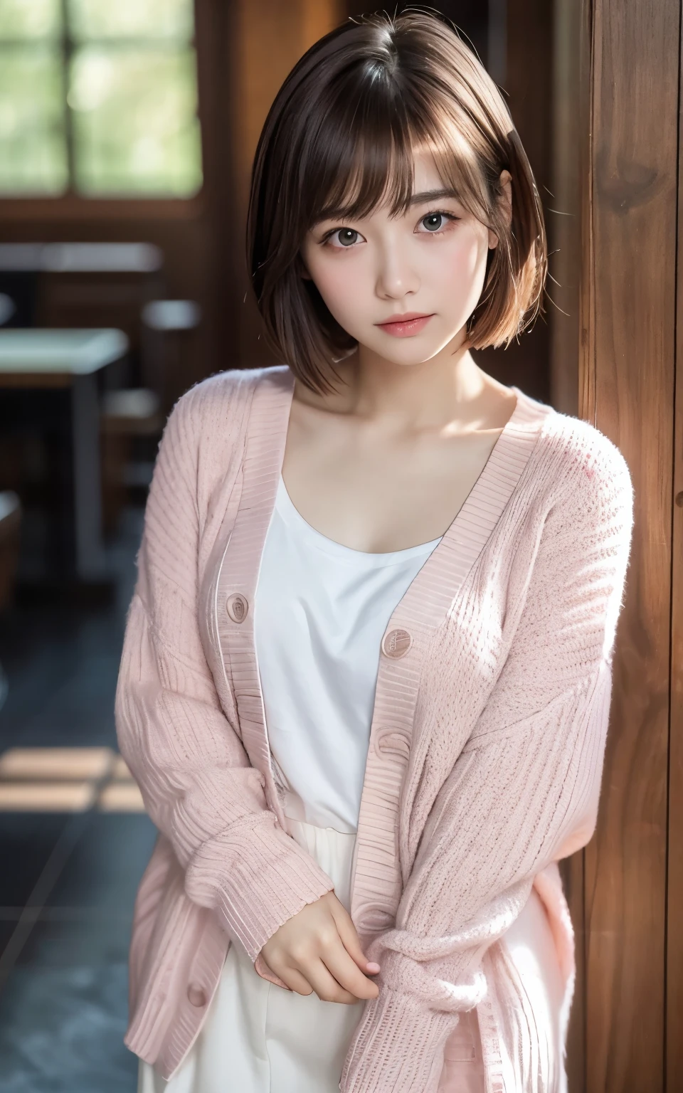Tabletop, highest quality, 8k, 20th Generation, 大きな豊かなchest, cute, alone, sad, cute, Girlish, Delicate girl, Pure beauty, RAW Photos, Professional photography, Portraiture, Soft Light, Professional Lighting, Backlight, Upper Body, avert your eyes, Sophisticated, Film Grain, (Eye and facial details:1.0), Short floating hair, Beautiful, flowing hair, bangs, Pink Cardigan、chest、 outside、Nipples