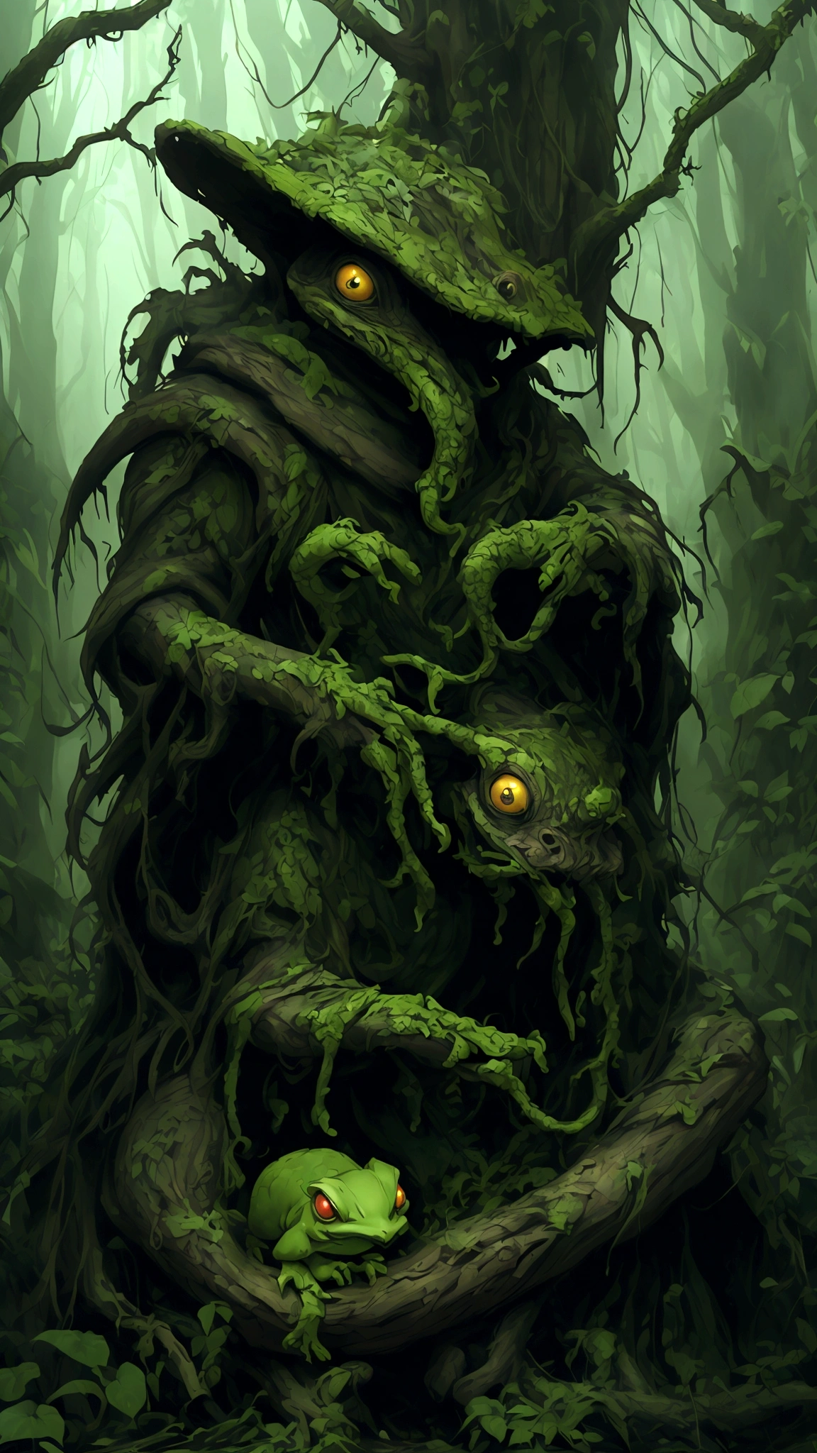 (best quality,highres:1.2),(realistic:1.37),ultra-detailed,a creepy toad,enormous in size,brightly colored,stalks through an ancient forest,tentacle tongue,thick and slimy skin,dark,ominous atmosphere,gloomy shadows,misty fog,gnarled trees,twisted branches,moss-covered rocks,dappled sunlight,unearthly glow,spooky ambiance,dense undergrowth,crunching leaves underfoot,haunting presence,unsettling silence,distant whispers,Cthulhu-like creature,mythical world,mysterious aura, Sentai Ranger, HDR, 8k, absurdres, cinestill 800, sharp focus, add_detail:3 (solo woman) anime, wideshot, widescreen, focus on subject
