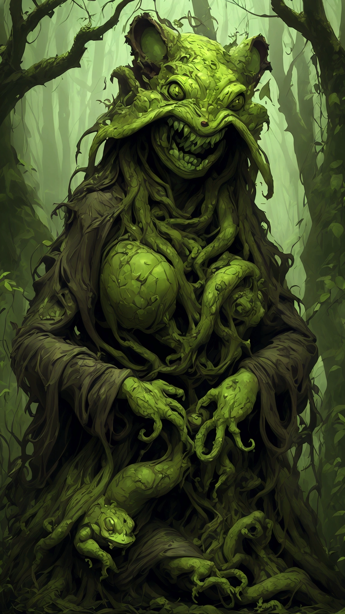 (best quality,highres:1.2),(realistic:1.37),ultra-detailed,a creepy toad,enormous in size,brightly colored,stalks through an ancient forest,tentacle tongue,thick and slimy skin,dark,ominous atmosphere,gloomy shadows,misty fog,gnarled trees,twisted branches,moss-covered rocks,dappled sunlight,unearthly glow,spooky ambiance,dense undergrowth,crunching leaves underfoot,haunting presence,unsettling silence,distant whispers,Cthulhu-like creature,mythical world,mysterious aura, Sentai Ranger, HDR, 8k, absurdres, cinestill 800, sharp focus, add_detail:3 (solo woman) anime, wideshot, widescreen, focus on subject