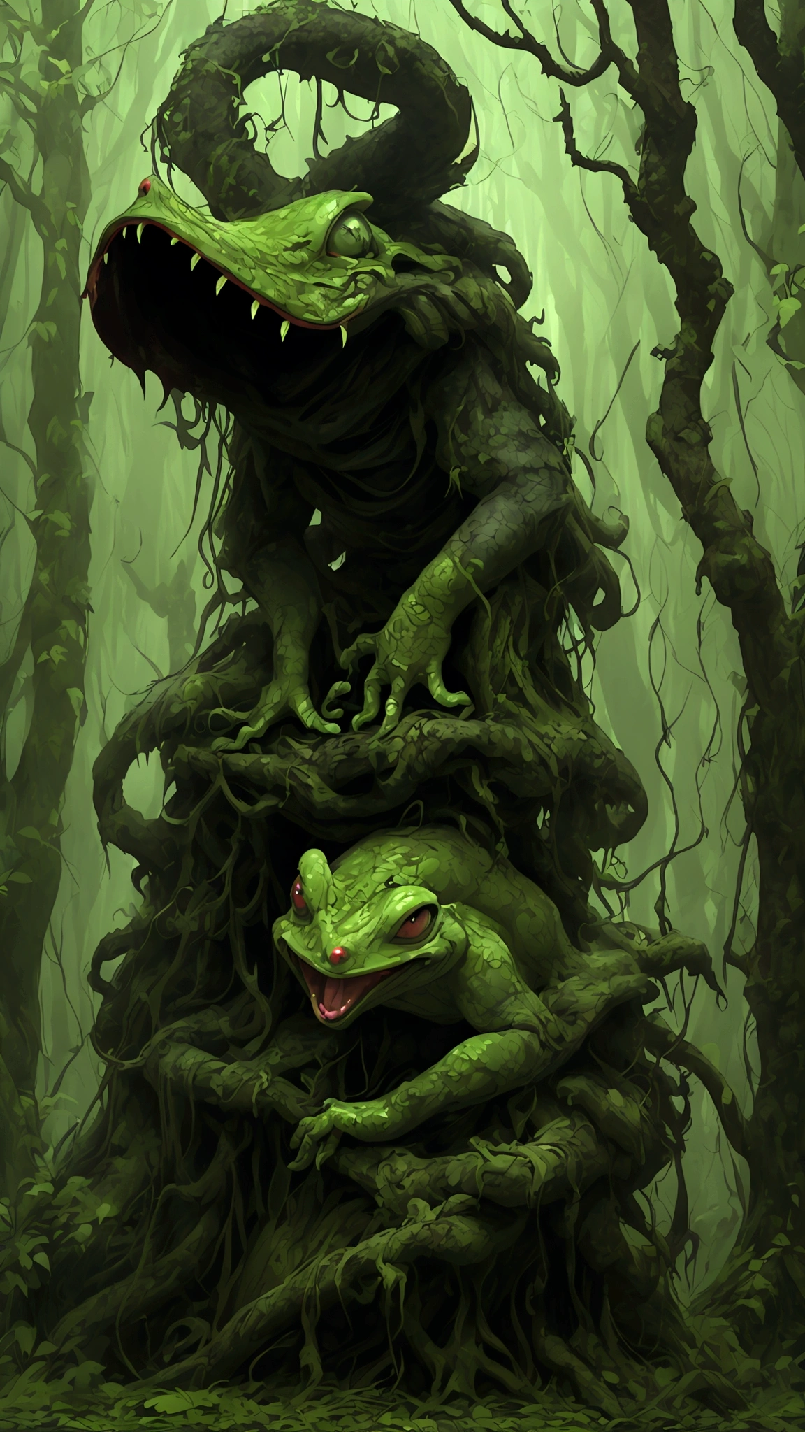 (best quality,highres:1.2),(realistic:1.37),ultra-detailed,a creepy toad,enormous in size,brightly colored,stalks through an ancient forest,tentacle tongue,thick and slimy skin,dark,ominous atmosphere,gloomy shadows,misty fog,gnarled trees,twisted branches,moss-covered rocks,dappled sunlight,unearthly glow,spooky ambiance,dense undergrowth,crunching leaves underfoot,haunting presence,unsettling silence,distant whispers,Cthulhu-like creature,mythical world,mysterious aura, Sentai Ranger, HDR, 8k, absurdres, cinestill 800, sharp focus, add_detail:3 (solo woman) anime, wideshot, widescreen, focus on subject
