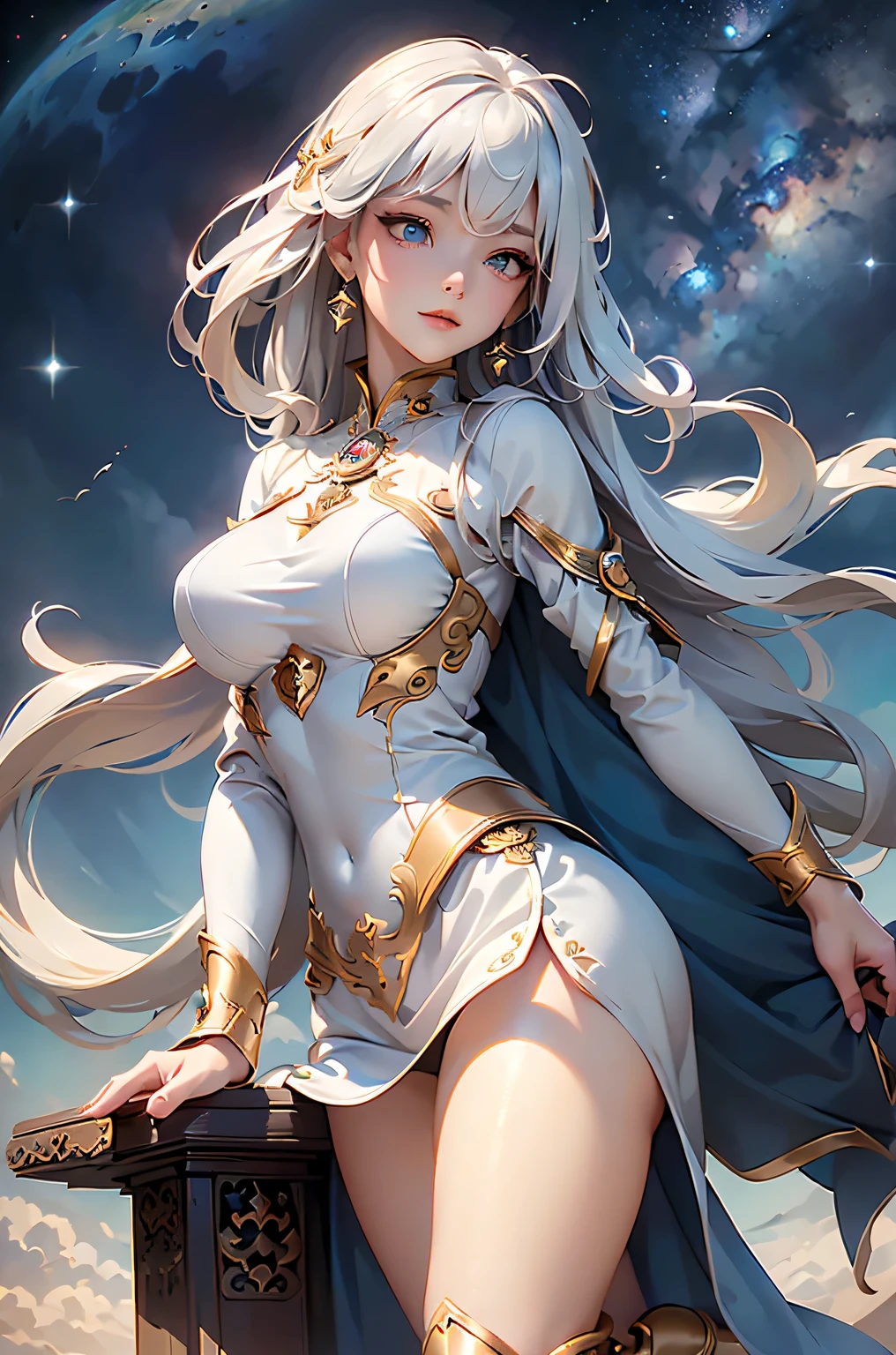 (masterpiece:1.4, highest quality, Dutch Angle)(One girl, alone)(large breasts, White Hair、Super Long Hair)(smile, Floating Hair,Sitting)(universe、milky way,FanRu)、(from side:1.5,), (Over-the-knee boots, Long tights,Long slit skirt)
